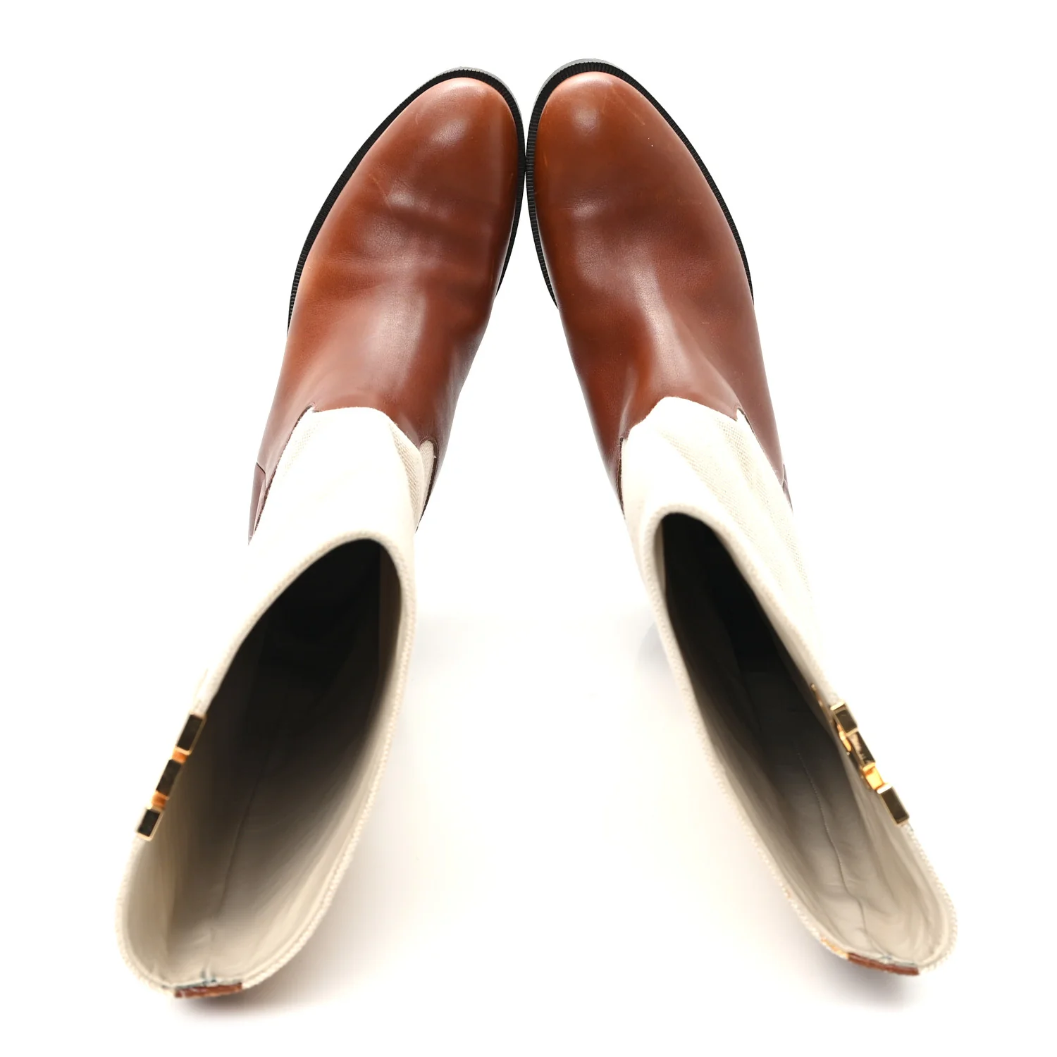 Canvas Calfskin Heritage Flat High Boots 38 Beige Brown - Image 2