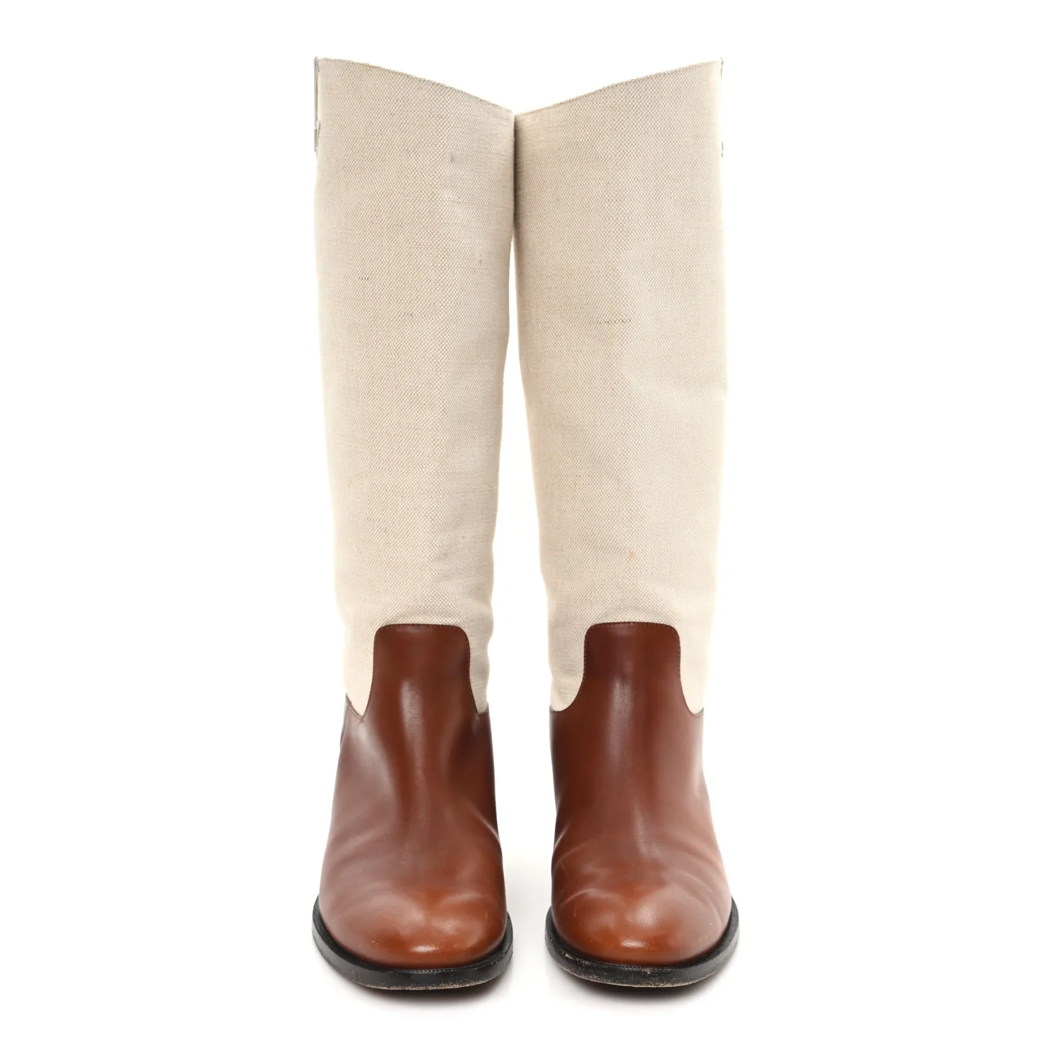 Canvas Calfskin Heritage Flat High Boots 38 Beige Brown - Image 3