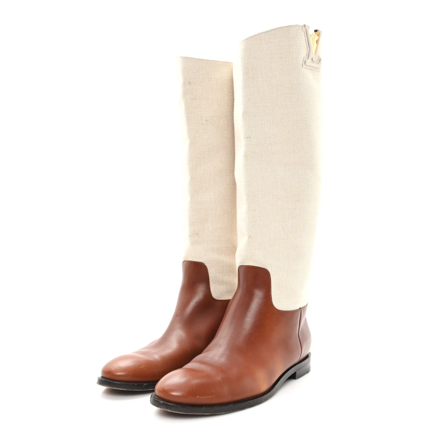 Canvas Calfskin Heritage Flat High Boots 38 Beige Brown - Image 4