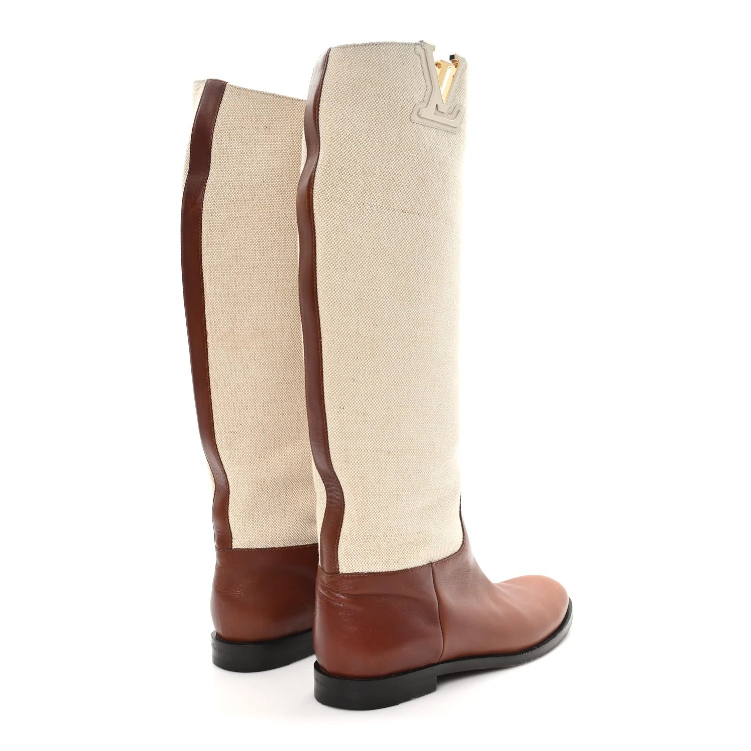 Canvas Calfskin Heritage Flat High Boots 38 Beige Brown - Image 5