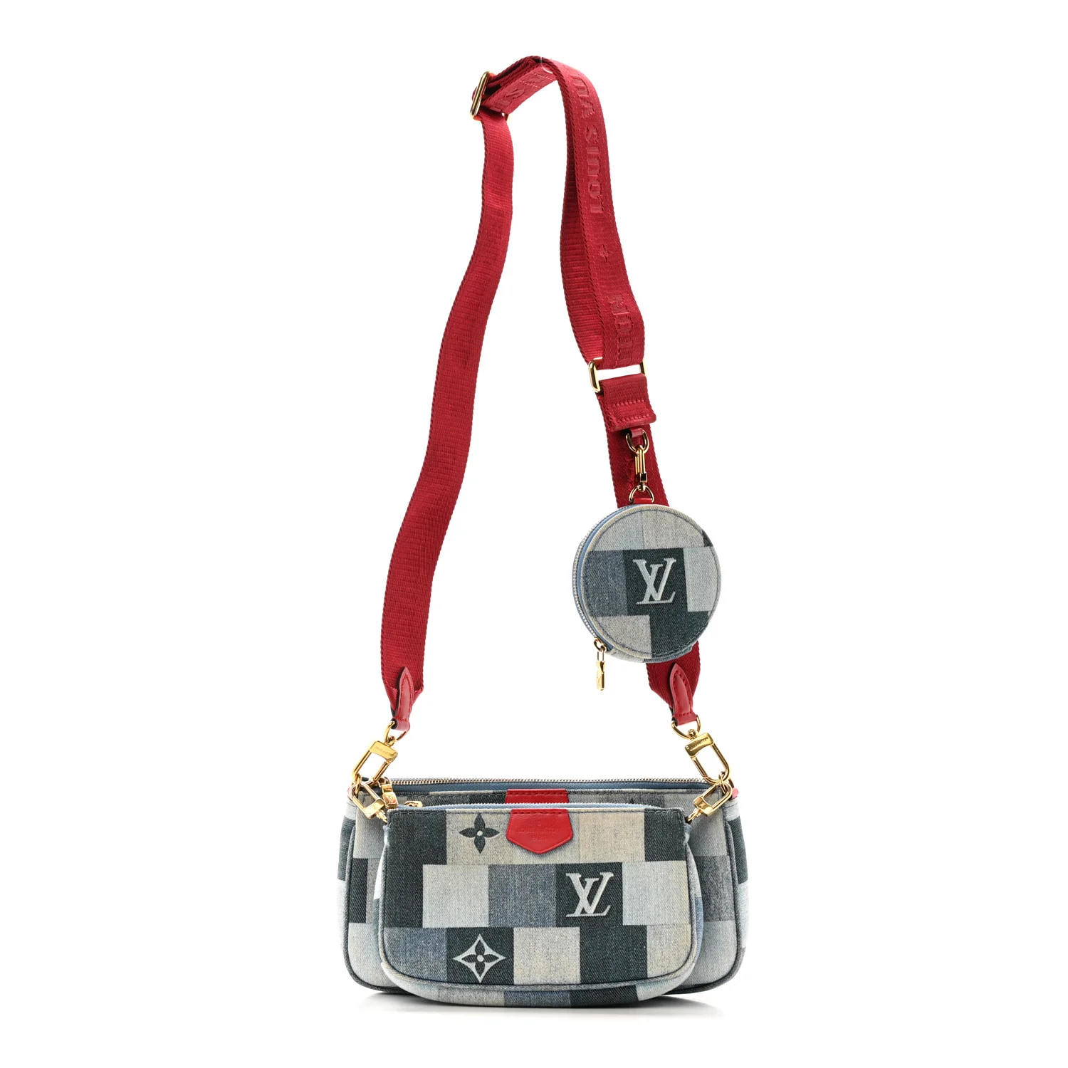 Denim Damier Monogram Patchwork Multi Pochette Accessories Blue Rouge