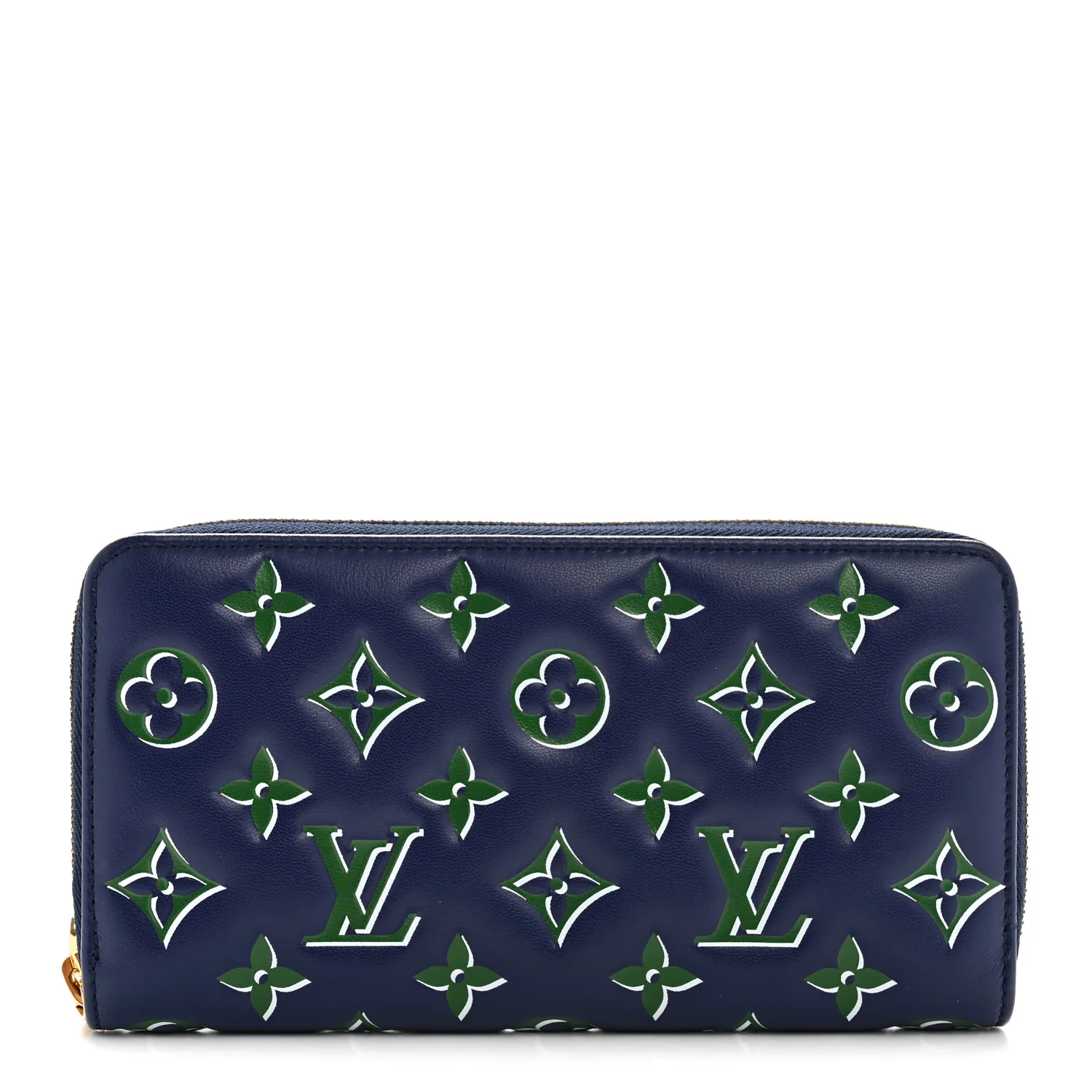 Lambskin Embossed Monogram LV Coussin Zippy Wallet Blue Green