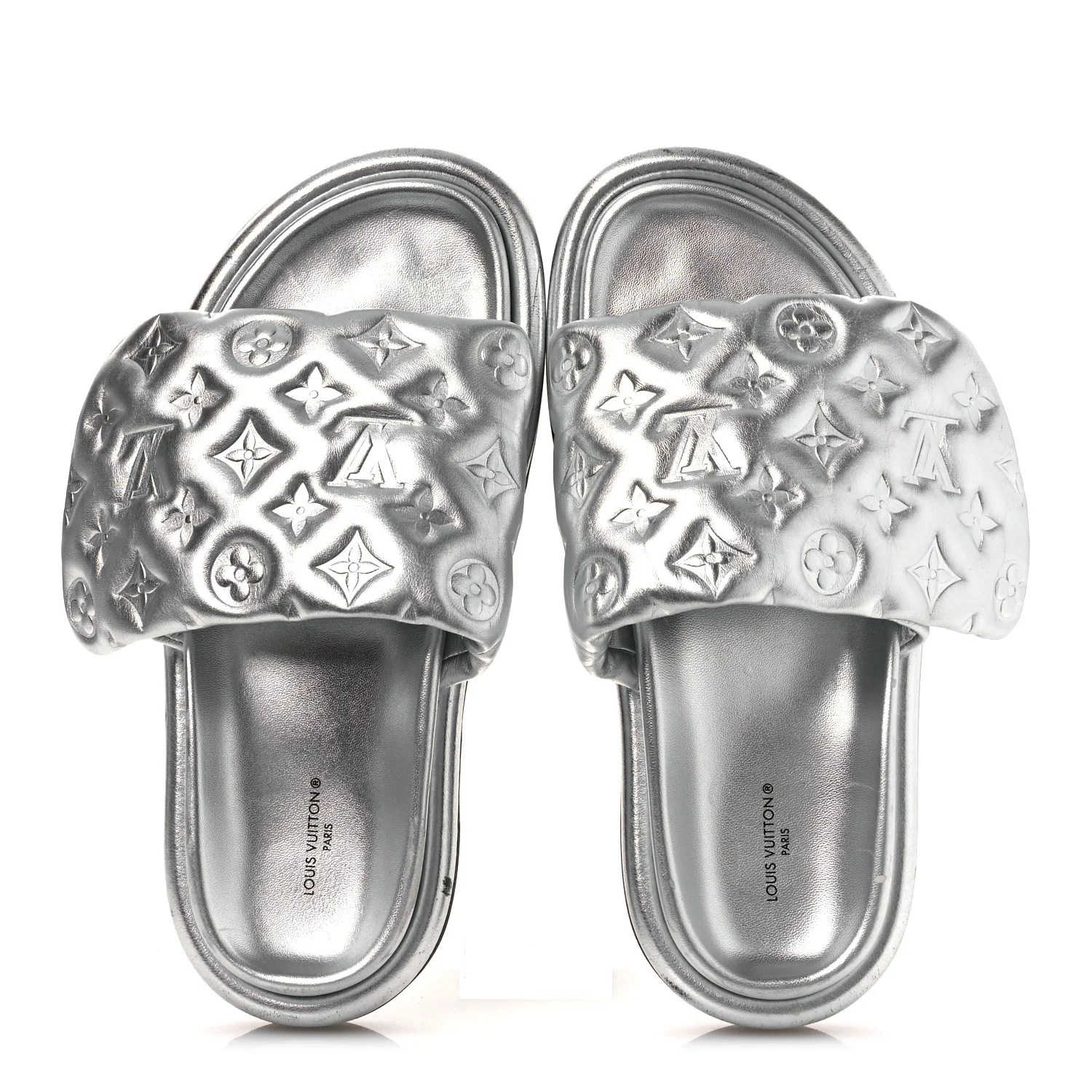 Lambskin Embossed Monogram Pool Pillow Flat Comfort Mule 39 Silver - Image 2