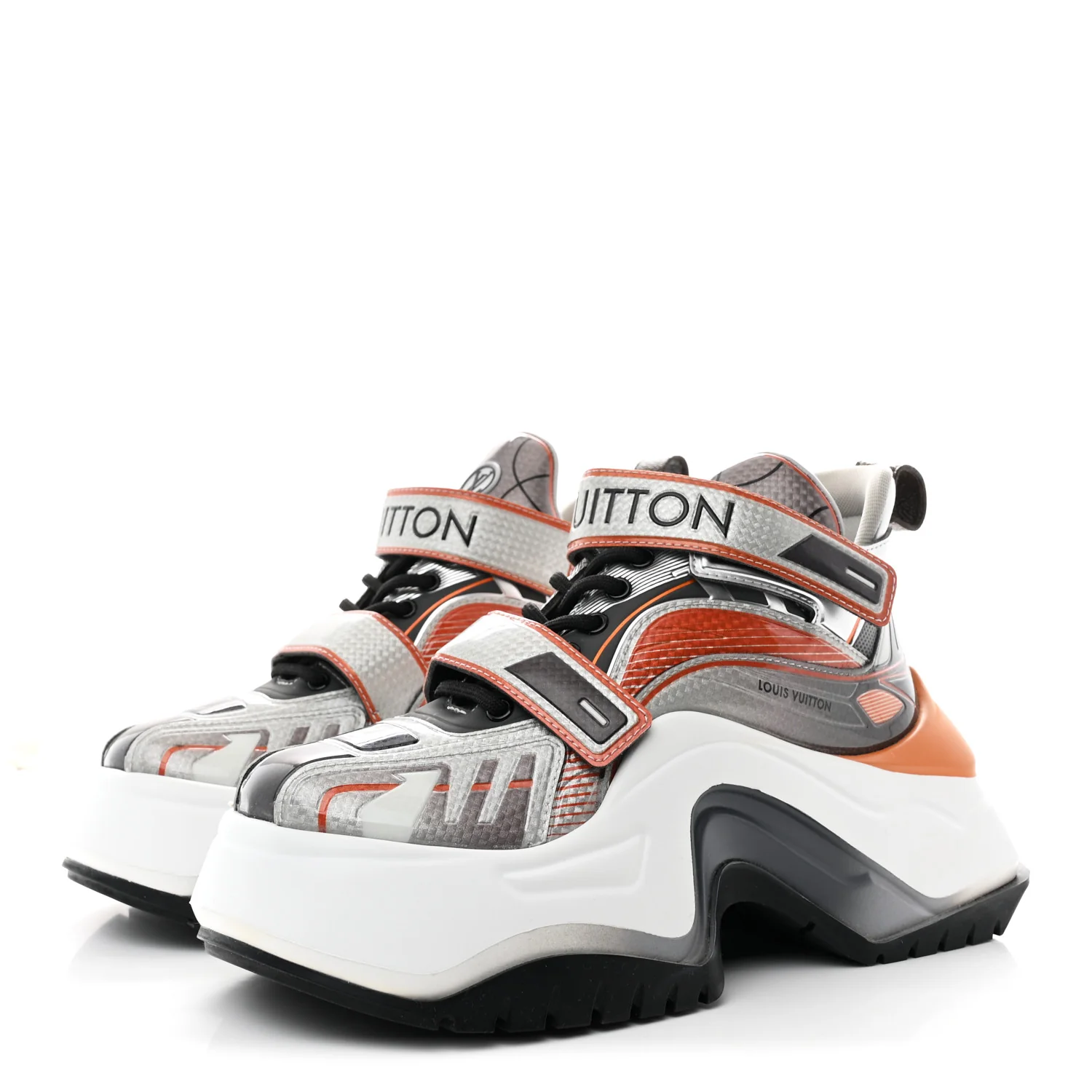 Metallic Calfskin Monogram LV Archlight 2.0 Platform Sneakers 37 Silver White Orange - Image 4