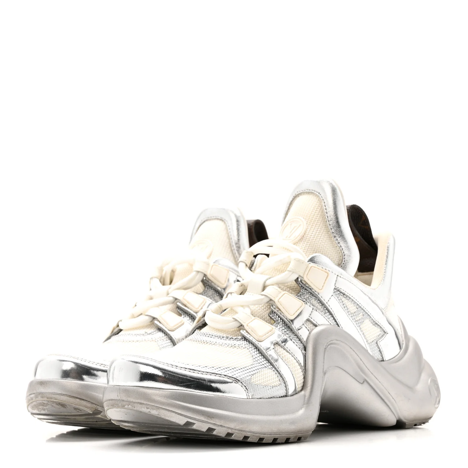 Metallic Calfskin Technical Nylon LV Archlight Sneakers 37 White Silver - Image 4