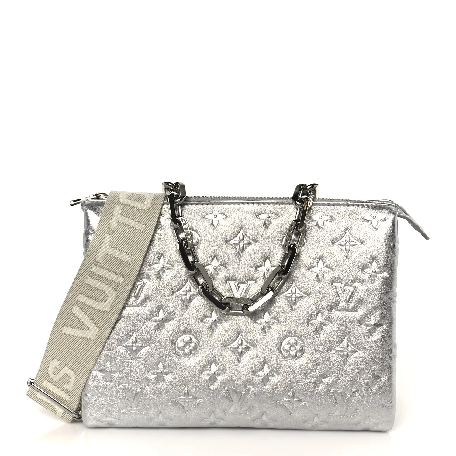 Metallic Lambskin Embossed Monogram Coussin PM  Silver