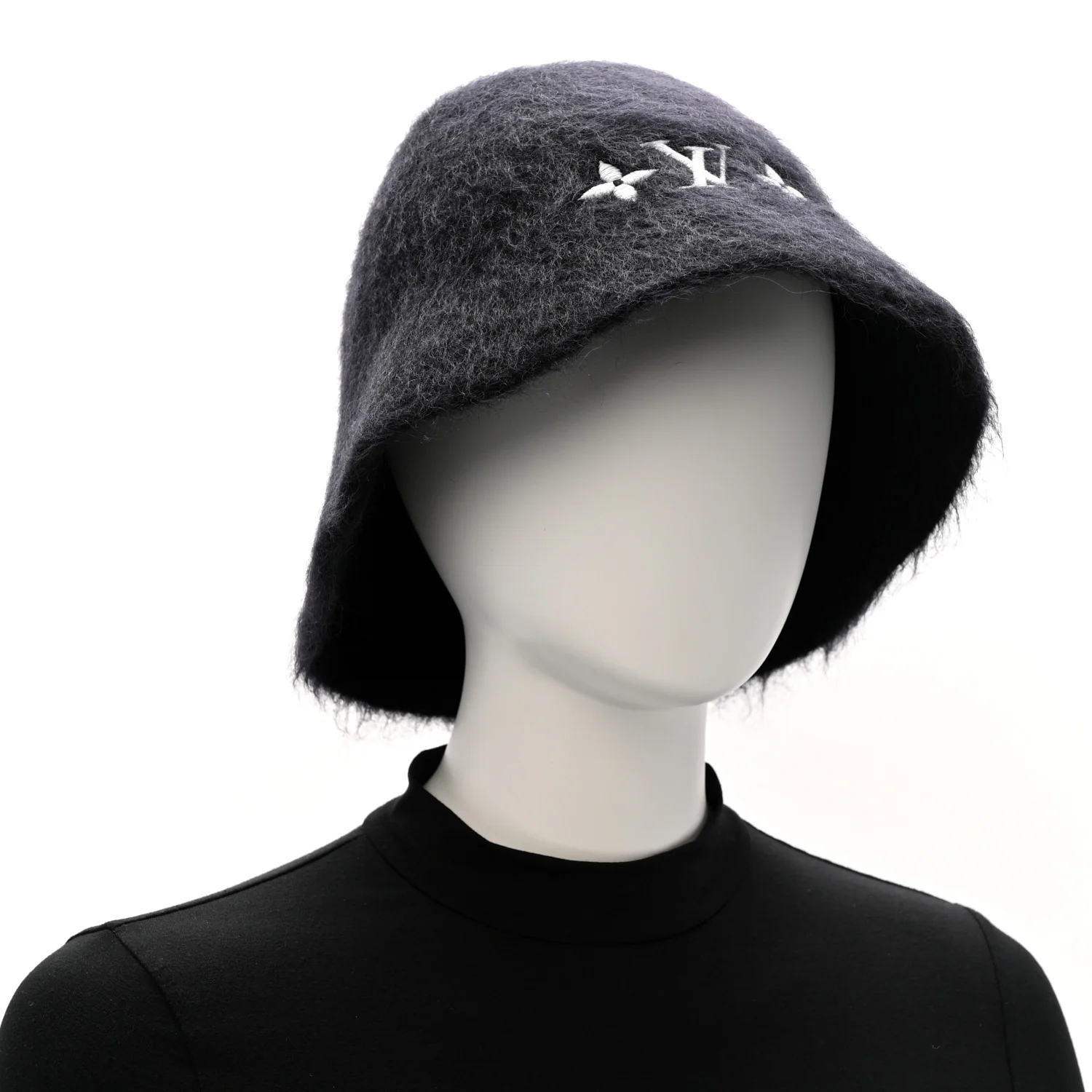 Mohair Wool LV Fluffy Hat Black - Image 2