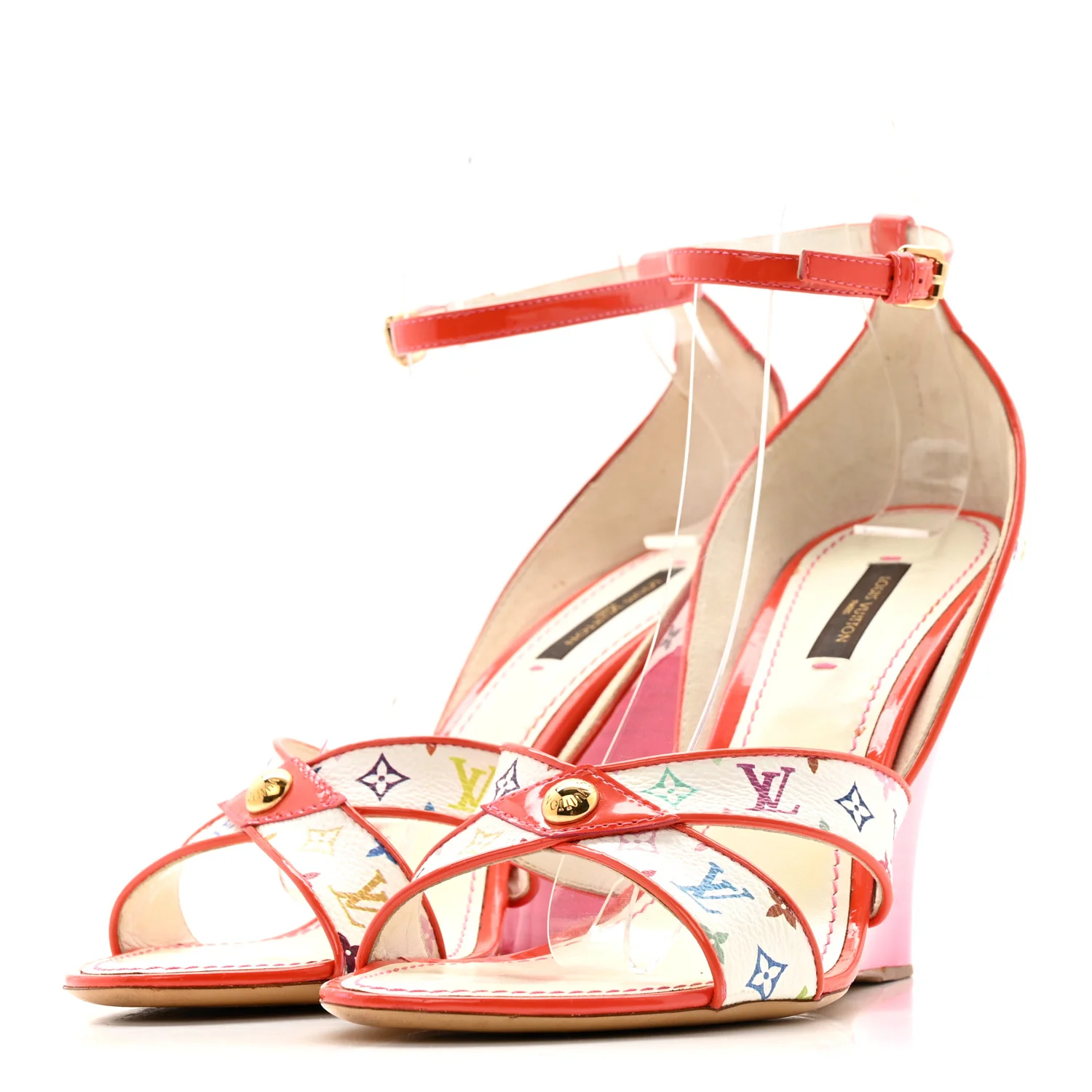 Monogram Multicolor Wedge Sandals 39 White Pink - Image 8
