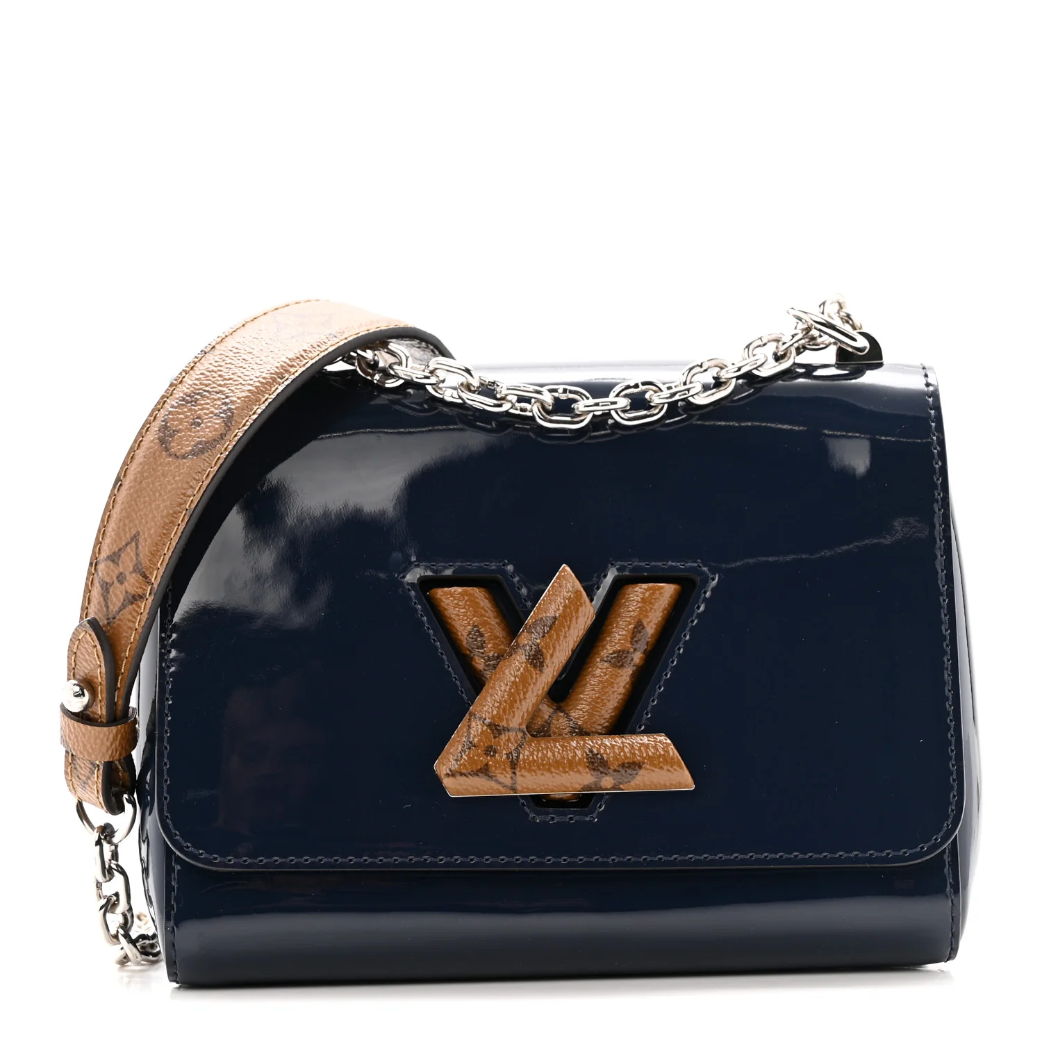 Patent Reverse Monogram Twist Shoulder Bag Navy