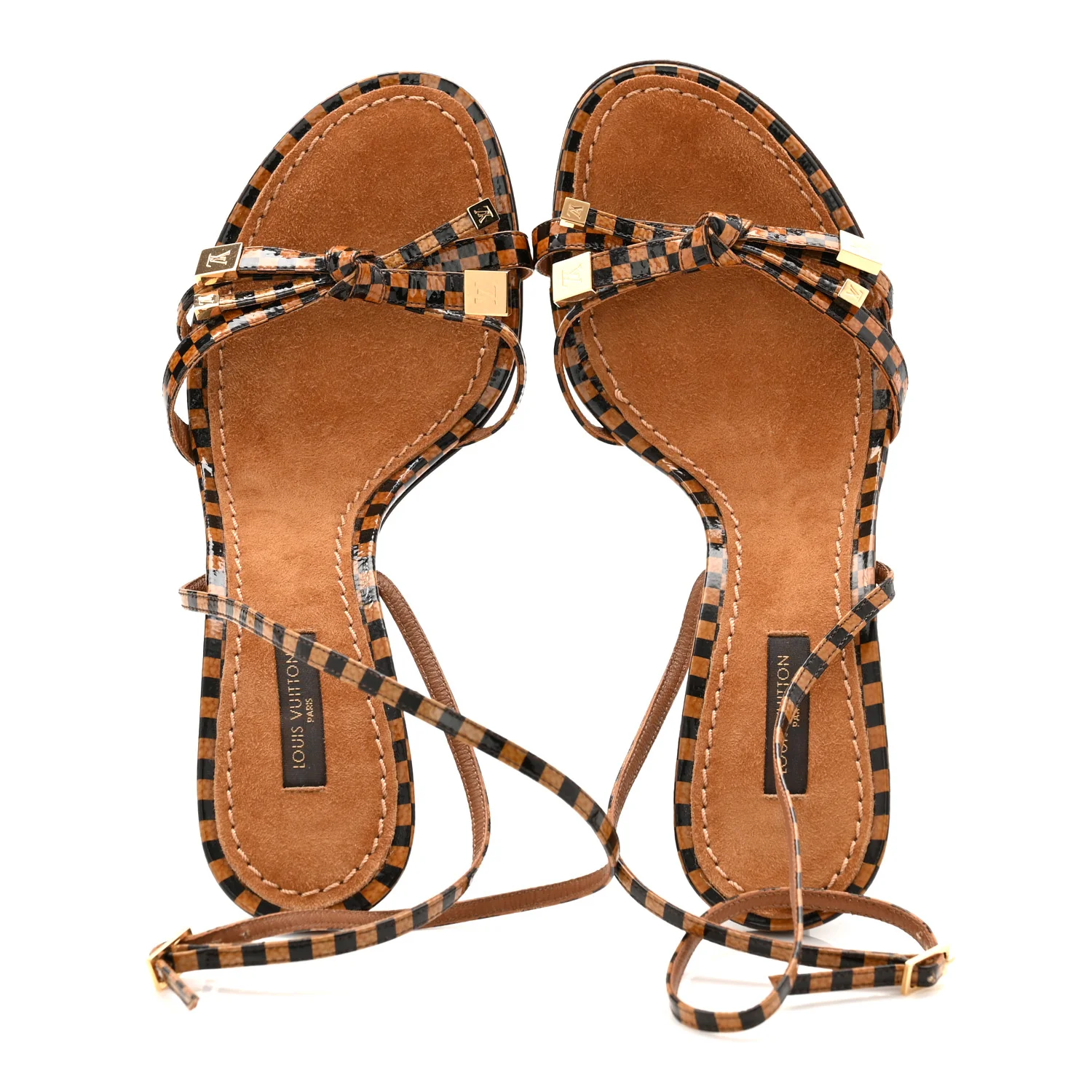 Patent Suede Damier Bow Ankle Wrap Sandals 38 - Image 5