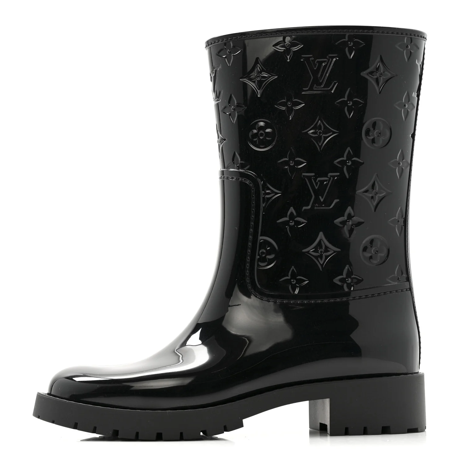 Rubber Embossed Monogram Splash Rain Short Boots 37 Black
