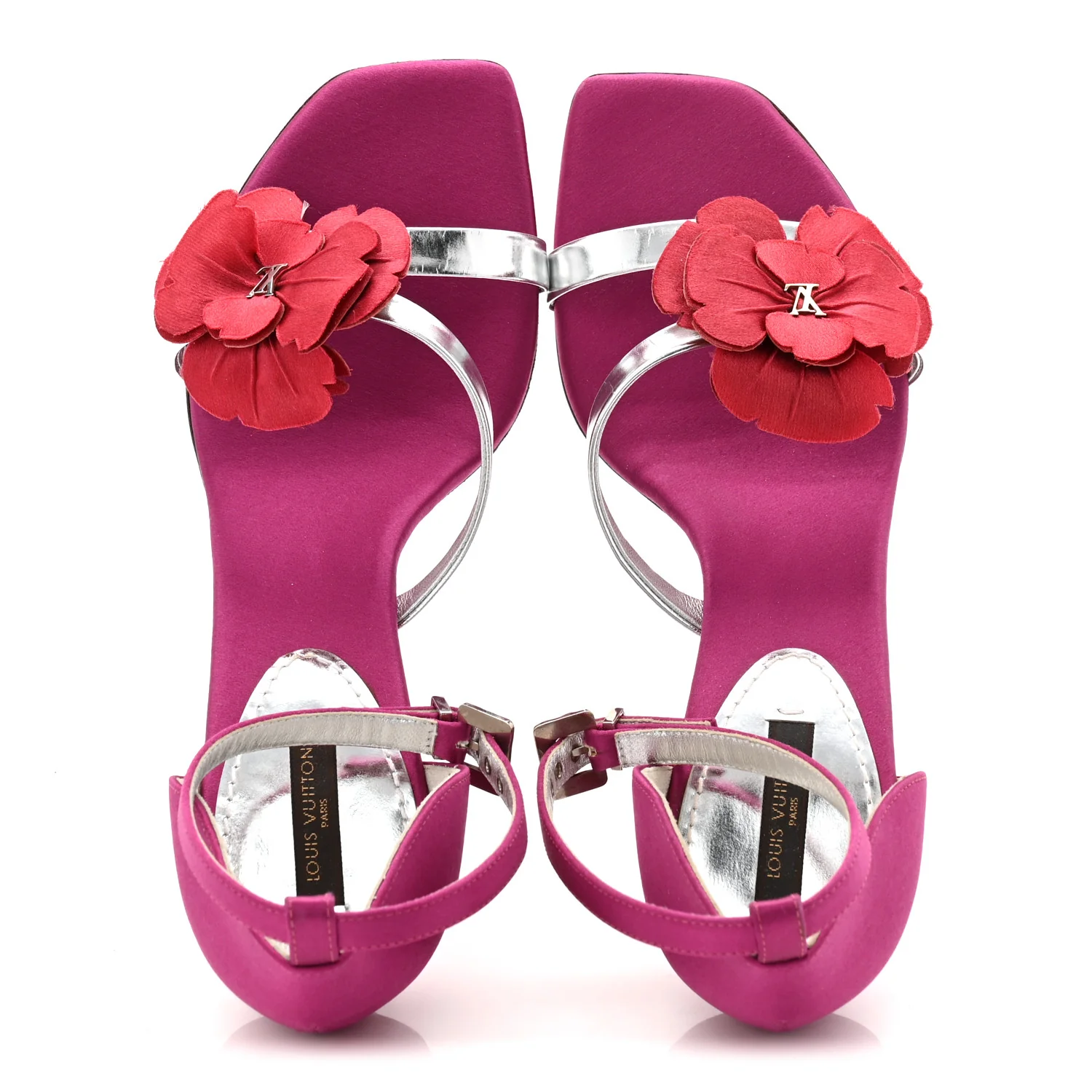 Satin Flower Amber Ankle Sandals 37.5 Fuchsia Red Silver - Image 2