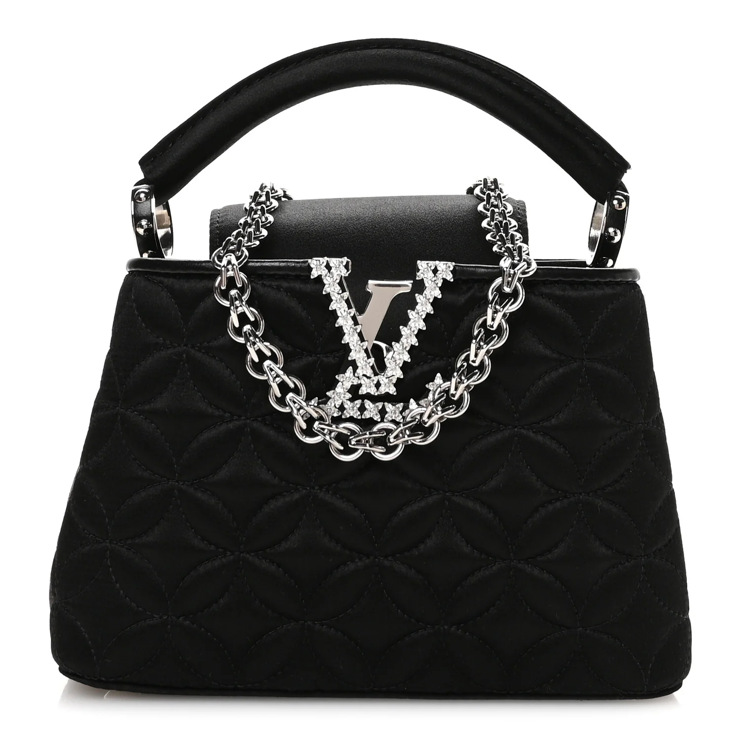 Satin Quilted Flower Crystal Mini Capucines Black