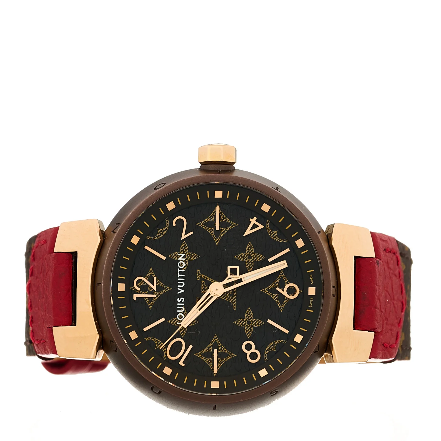 Stainless Steel 18K Rose Gold Monogram 34mm Tambour Quartz Watch Brown - Image 2