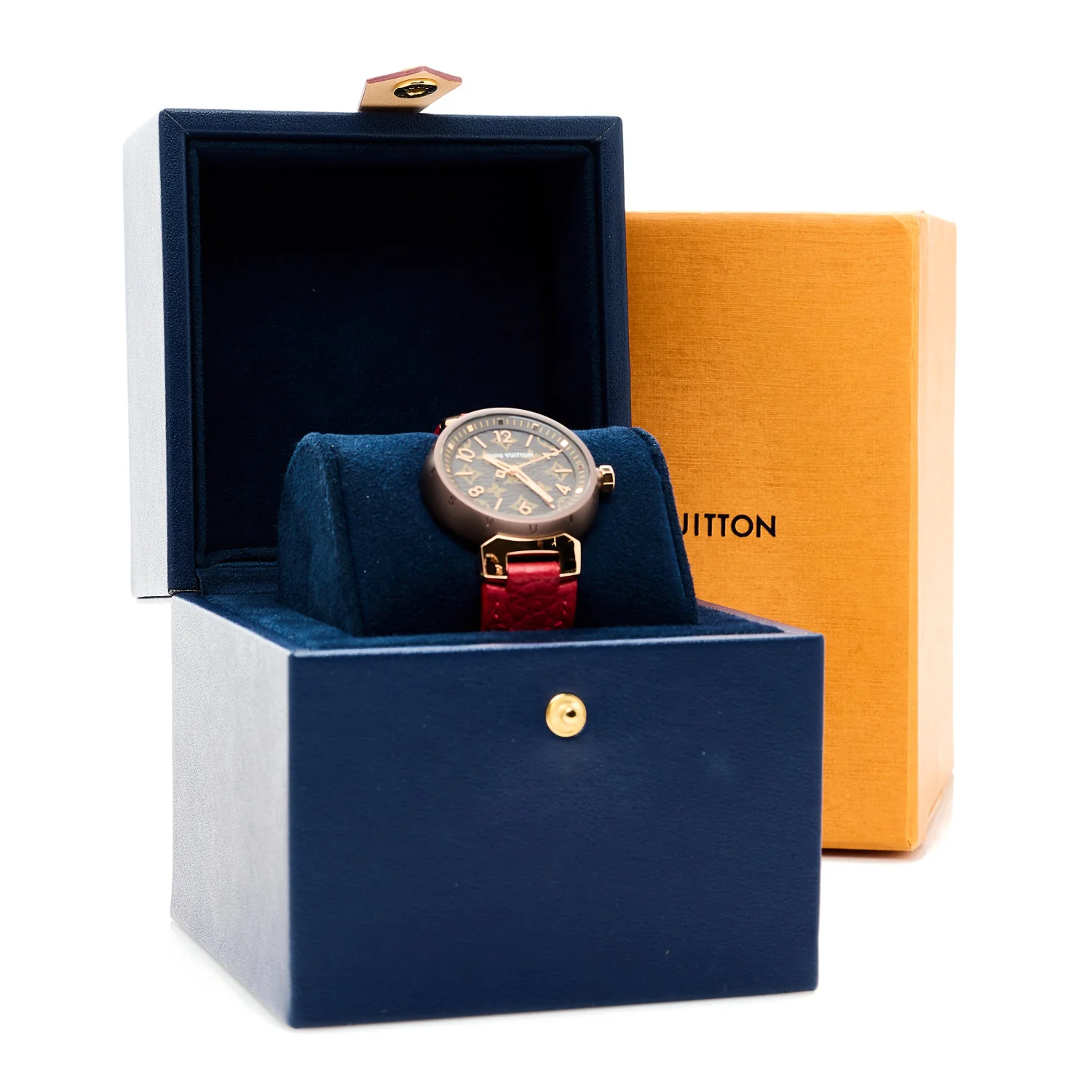 Stainless Steel 18K Rose Gold Monogram 34mm Tambour Quartz Watch Brown - Image 5