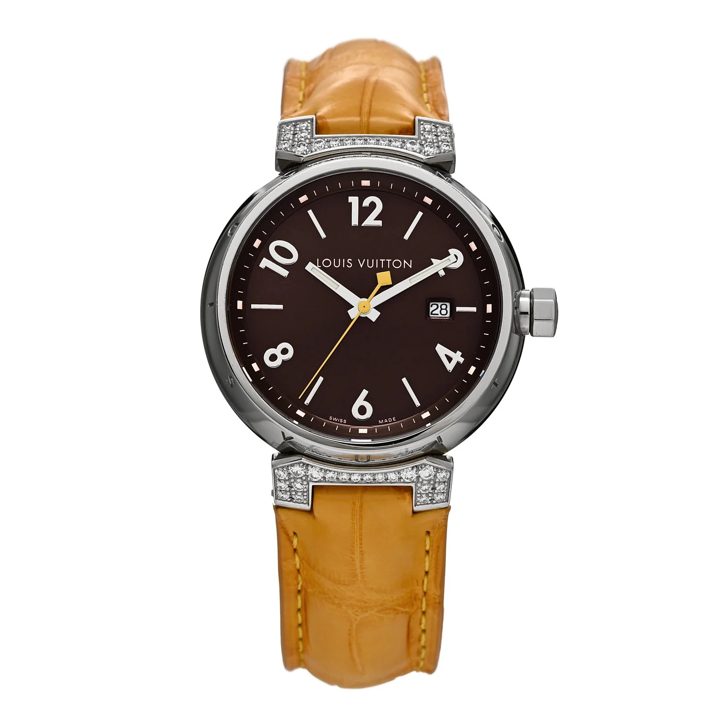 Stainless Steel Alligator Diamond 39mm Tambour Quartz Watch Brown