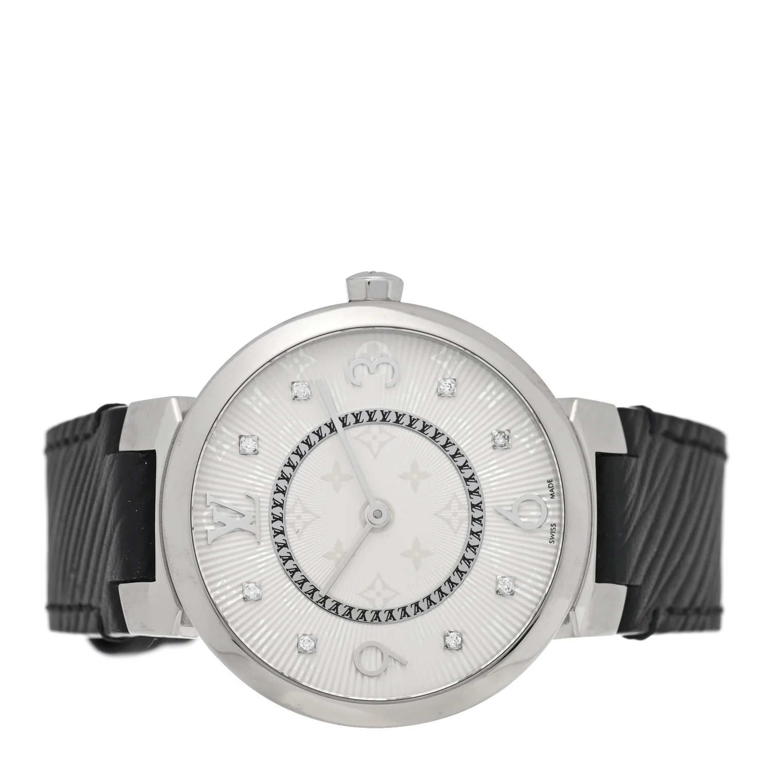 Stainless Steel Epi Diamond 33mm Tambour Slim Quartz Watch Black - Image 2