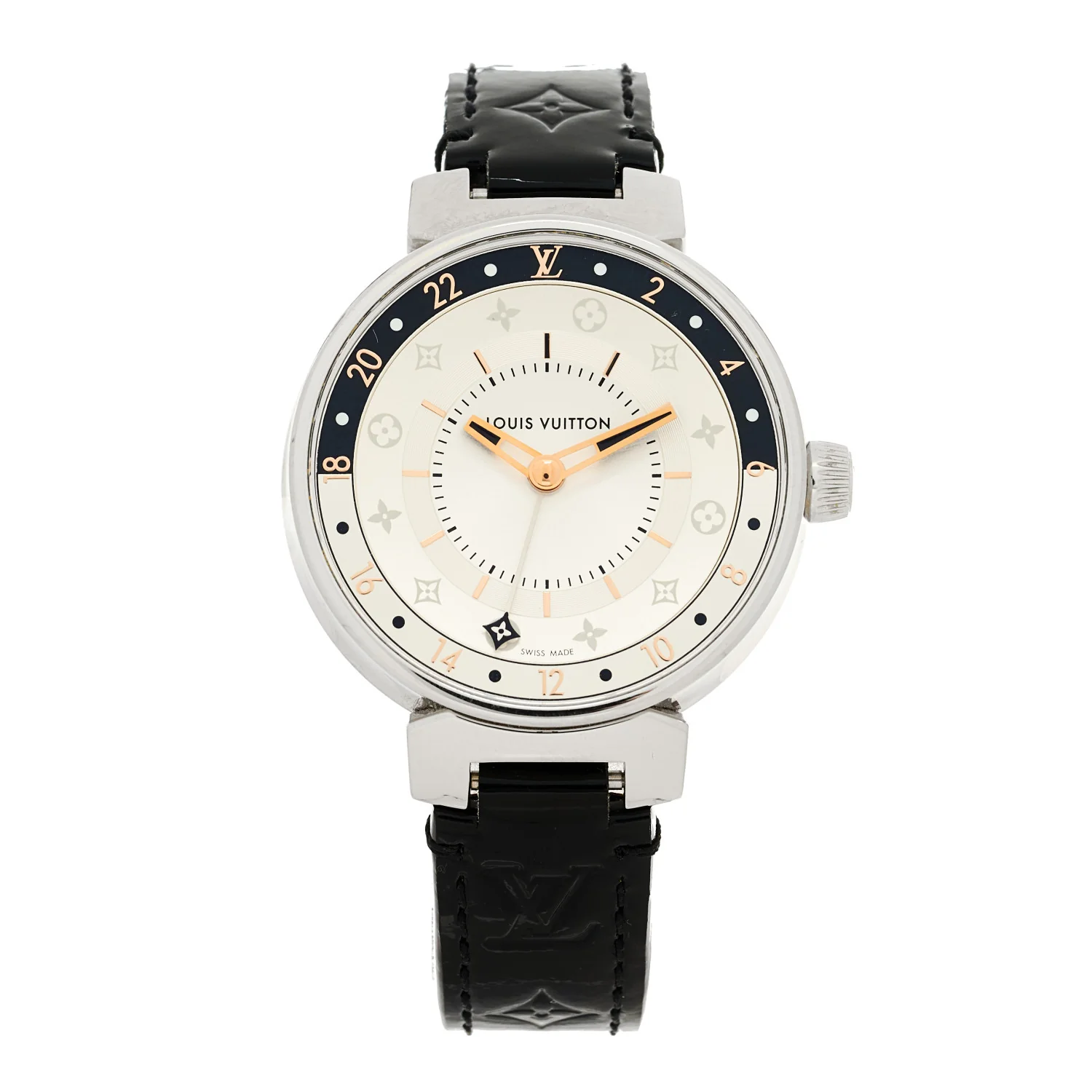 Stainless Steel Monogram 35mm Tambour Moon Dual Time Quartz Watch Silver