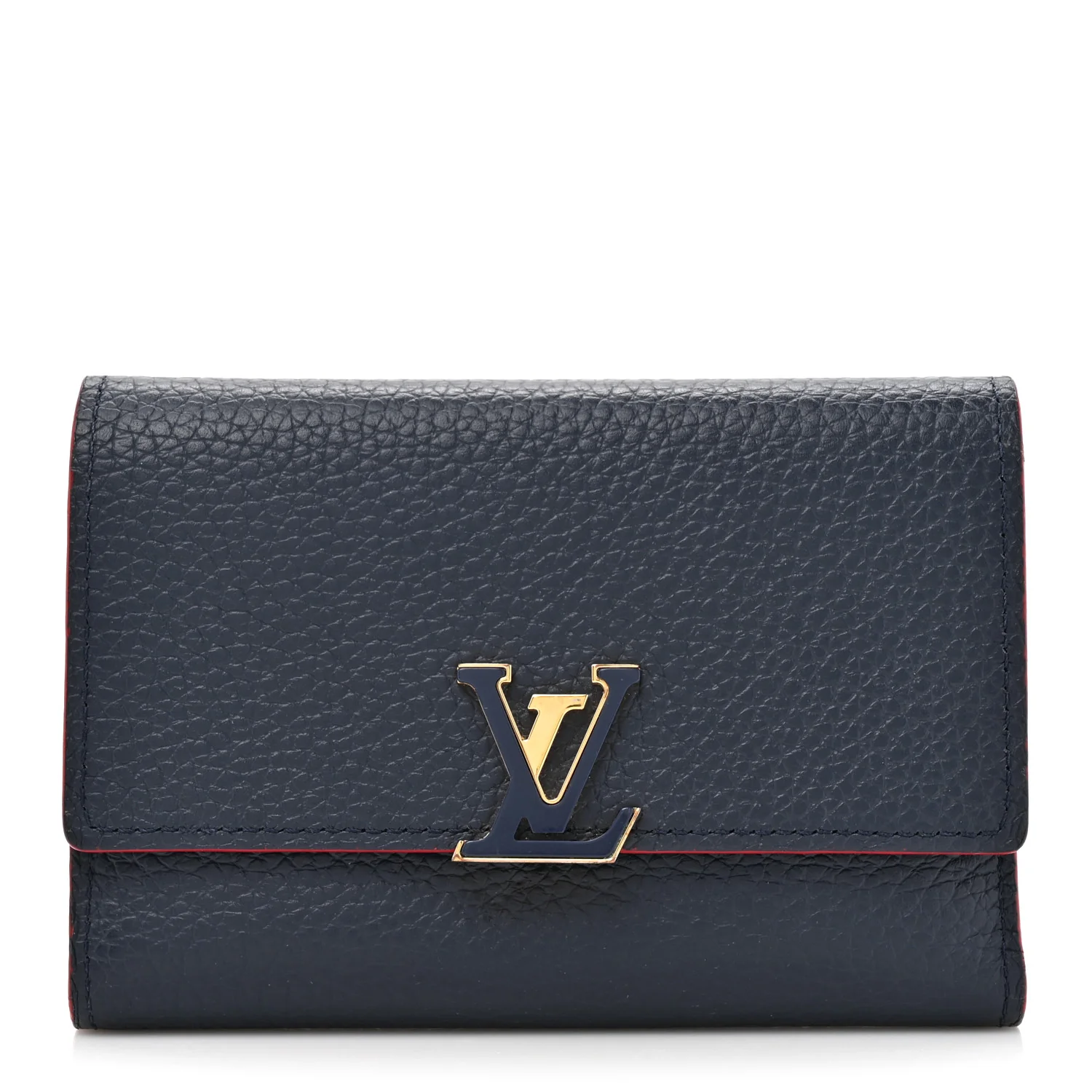 Taurillon Capucines Compact Wallet Marine Rouge