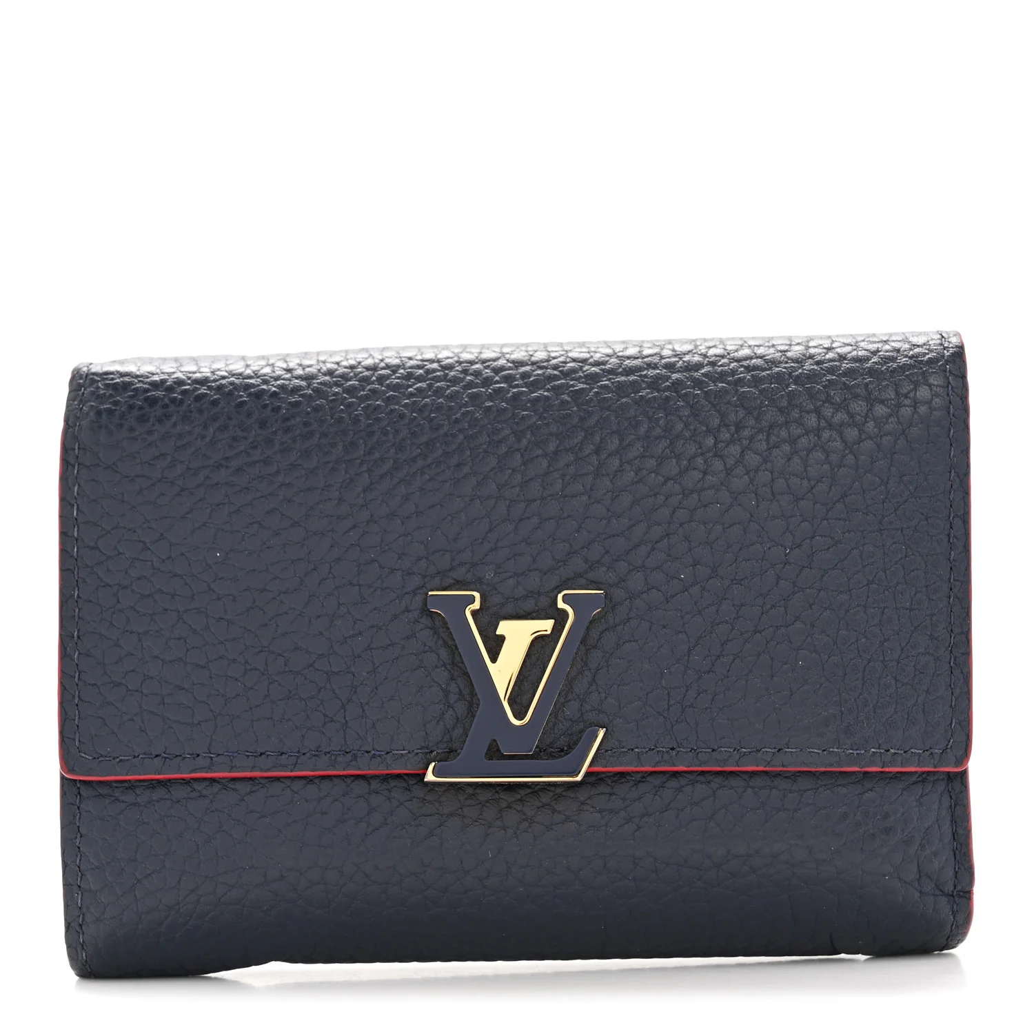 Taurillon Capucines Compact Wallet Marine Rouge