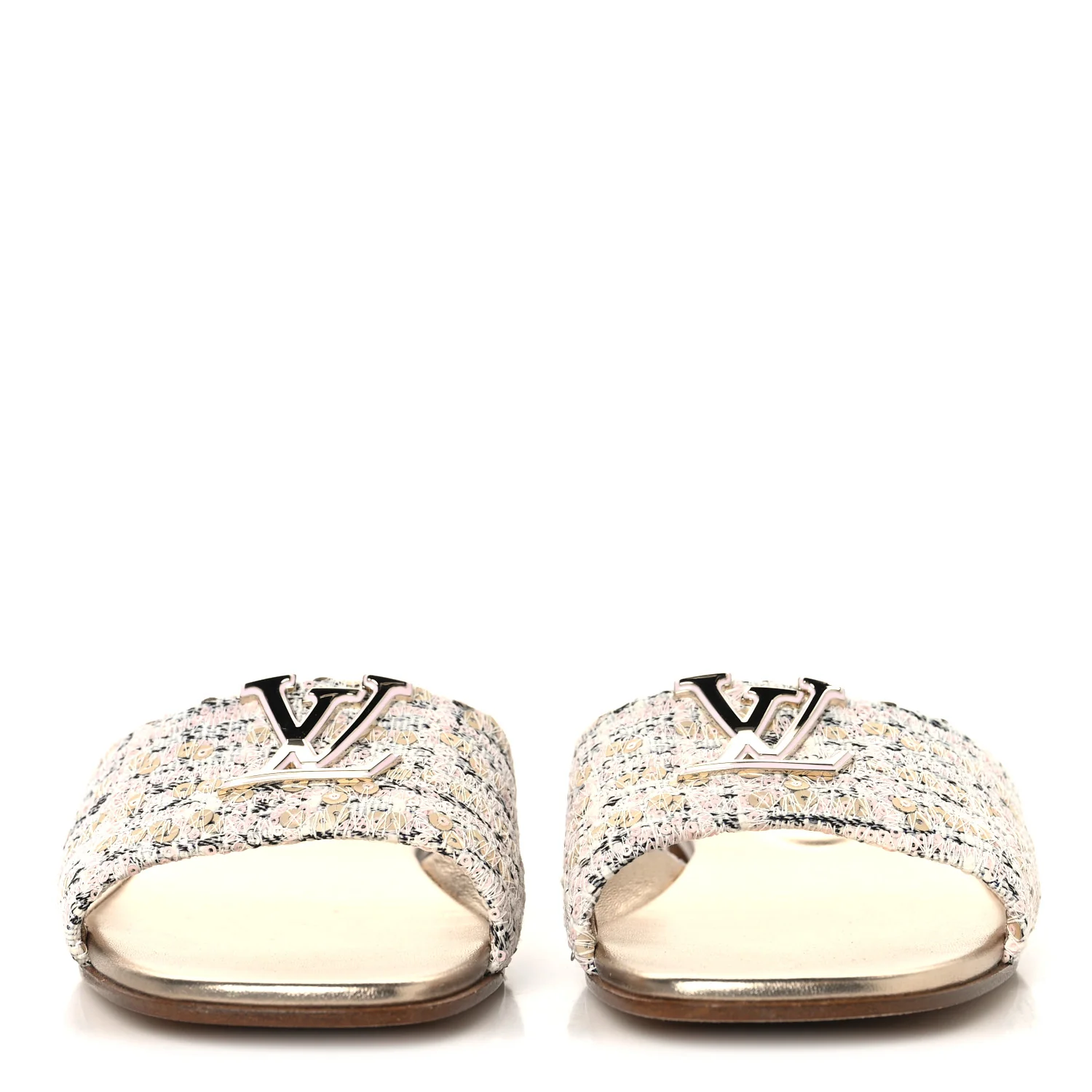 Tweed Sequin LV Mare Flat Mule Sandals 39 Light Gold - Image 3