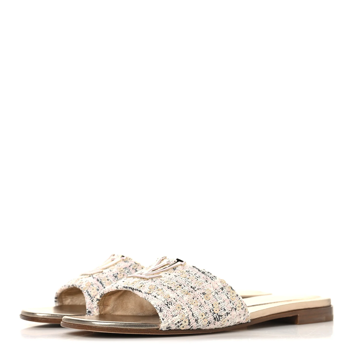 Tweed Sequin LV Mare Flat Mule Sandals 39 Light Gold - Image 4