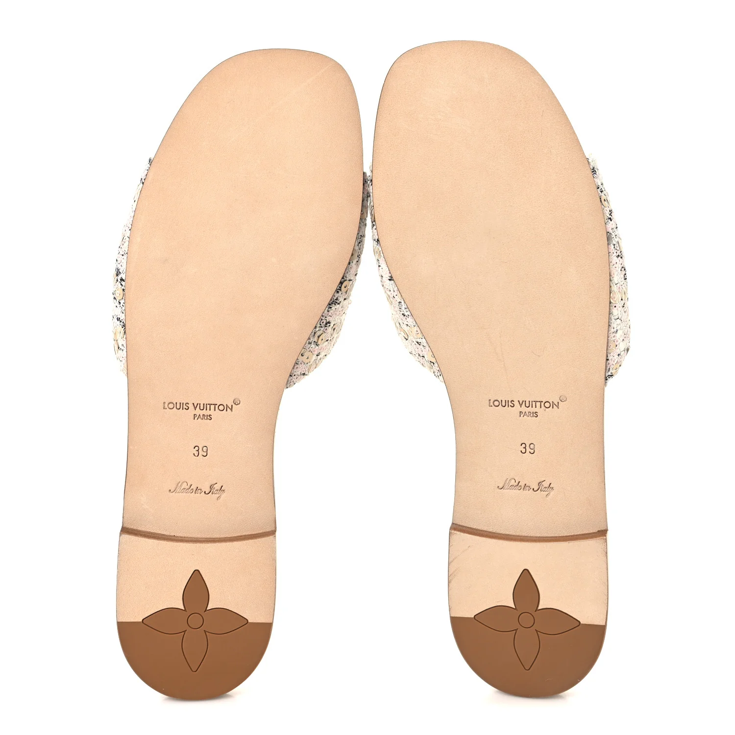 Tweed Sequin LV Mare Flat Mule Sandals 39 Light Gold - Image 6