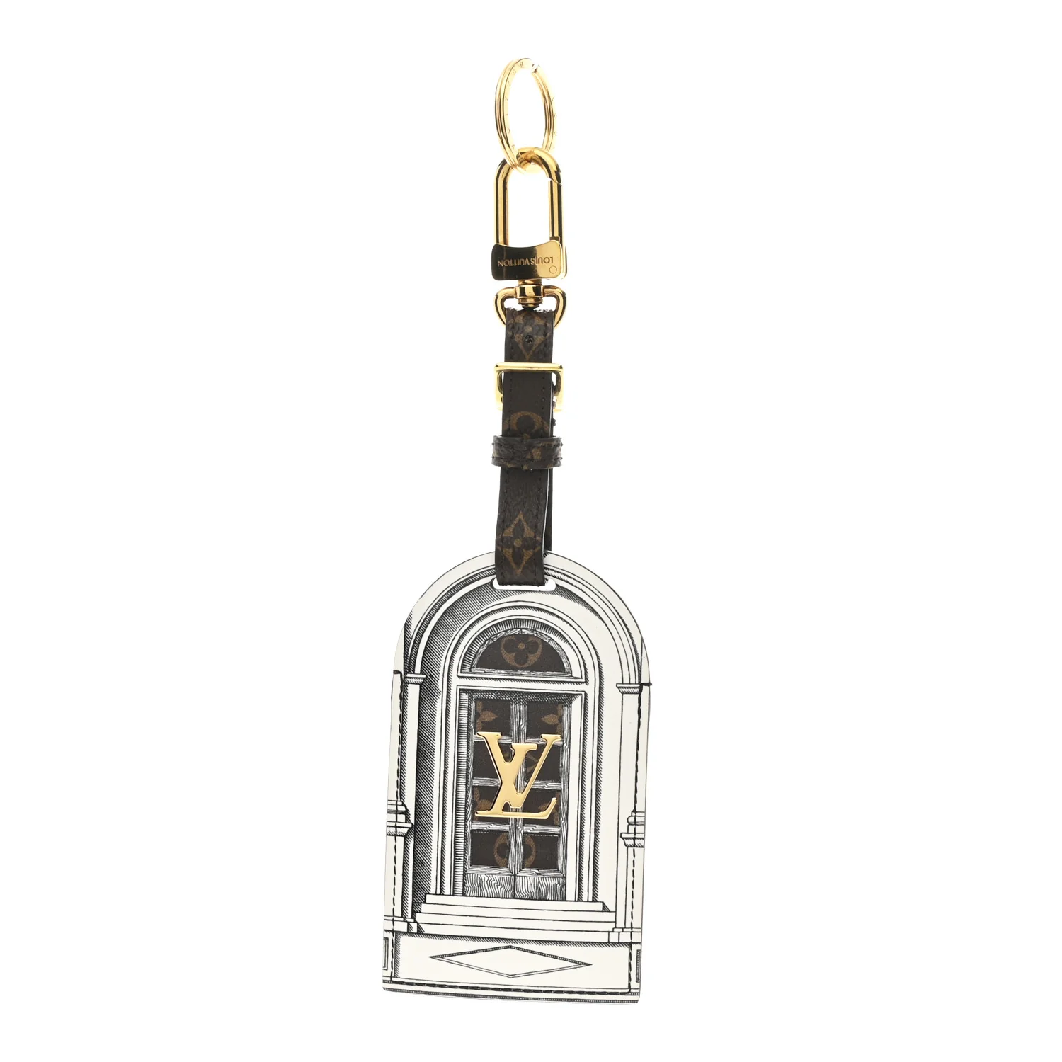 X FORNASETTI Calfskin Architettura Luggage Tag Bag Charm Key Holder Black White