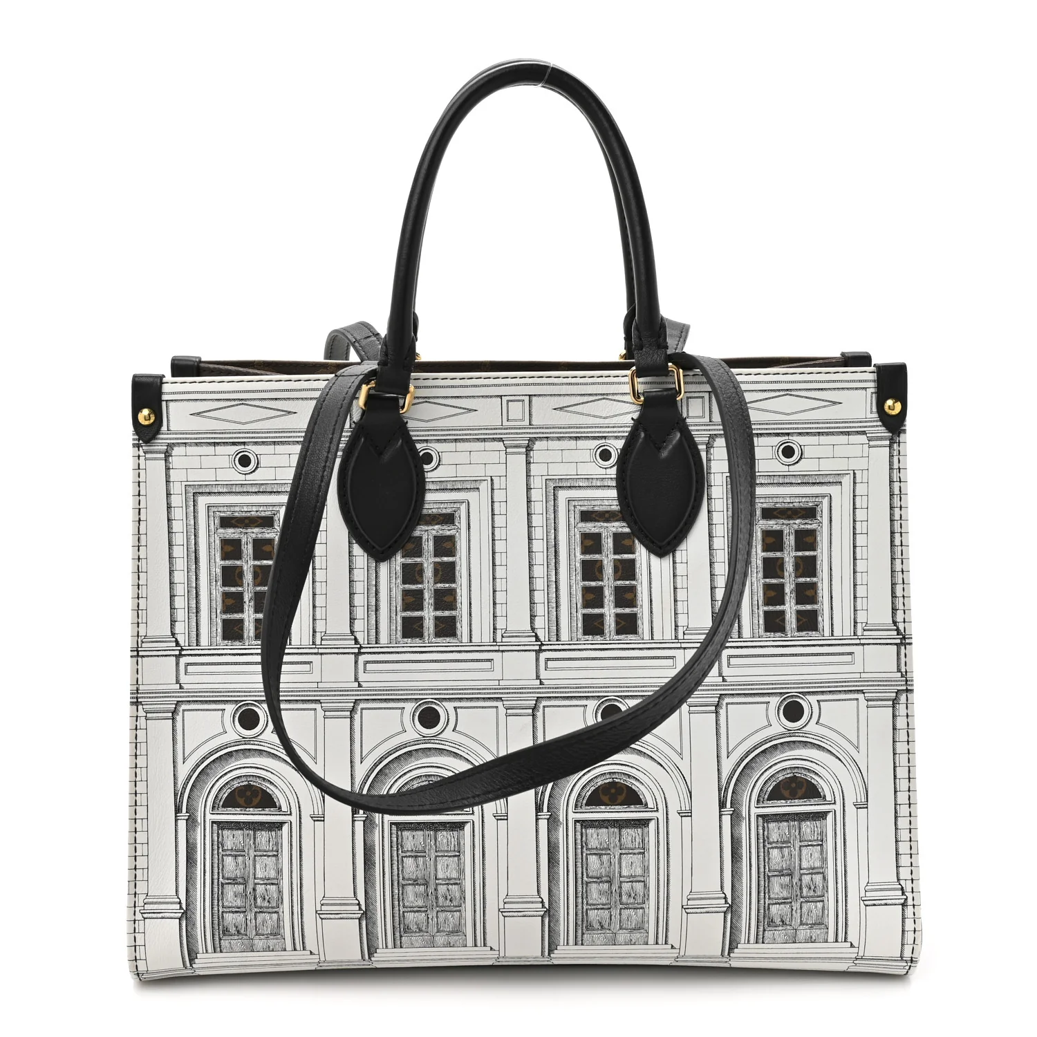 X FORNASETTI Calfskin Architettura Onthego MM Black White