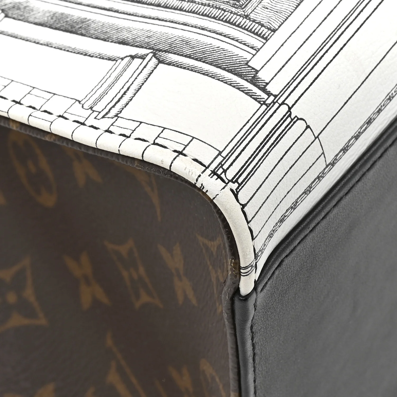 X FORNASETTI Calfskin Architettura Onthego MM Black White - Image 13