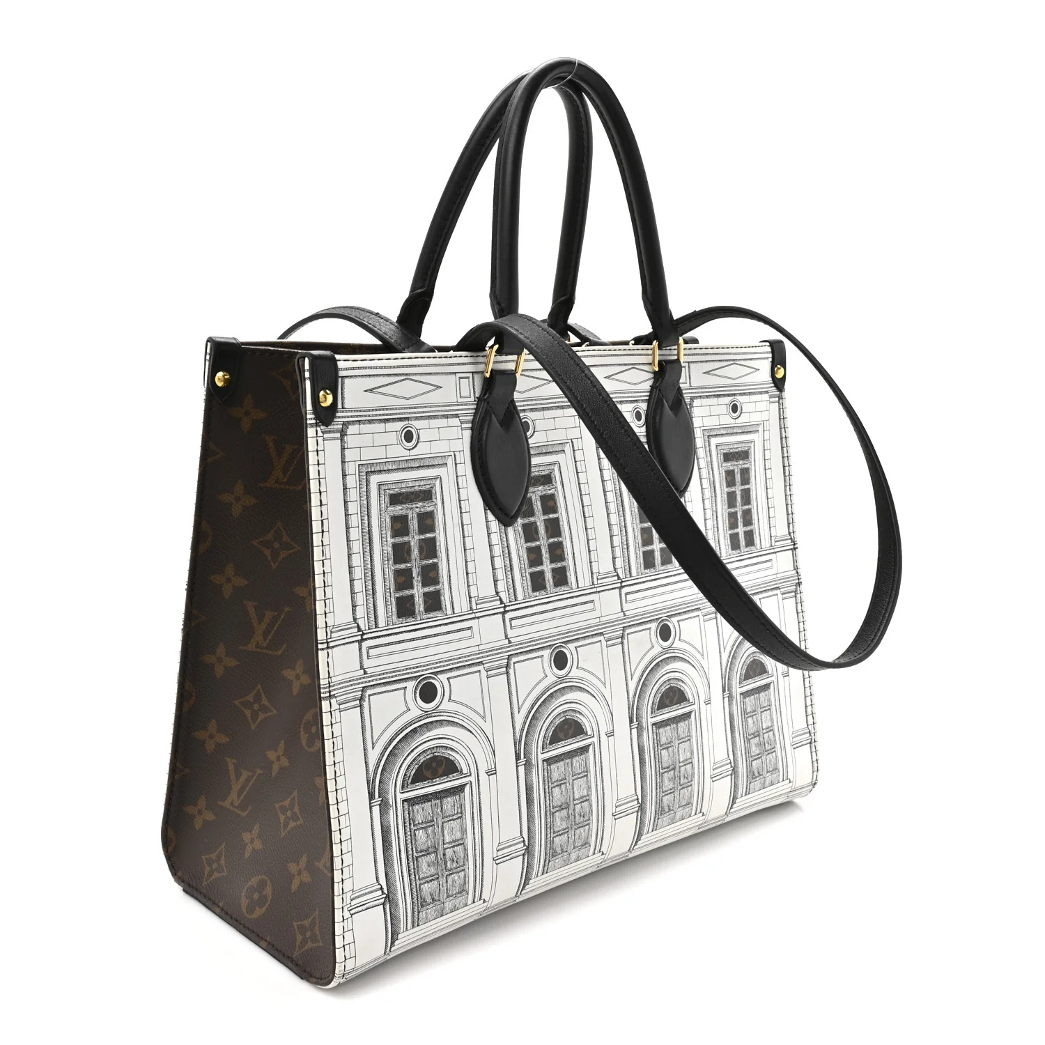 X FORNASETTI Calfskin Architettura Onthego MM Black White - Image 3