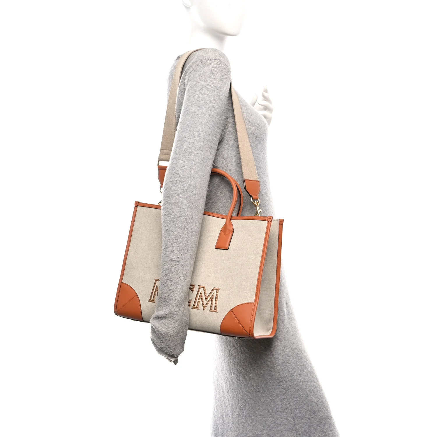 Calfskin Linen Large Munchen Tote Cognac - Image 2