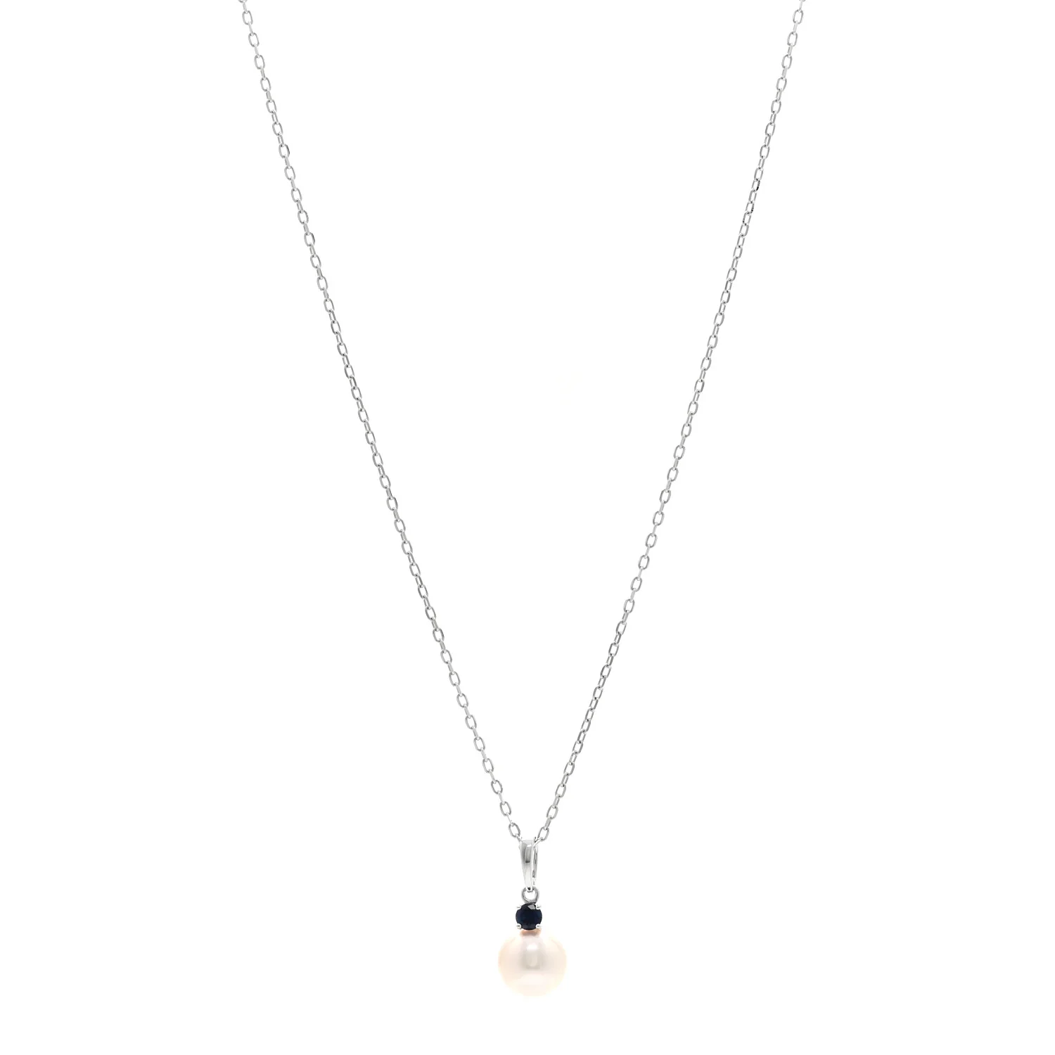 18K White Gold Blue Sapphire Akoya Cultured Pearl 8-8.5mm Pendant Necklace