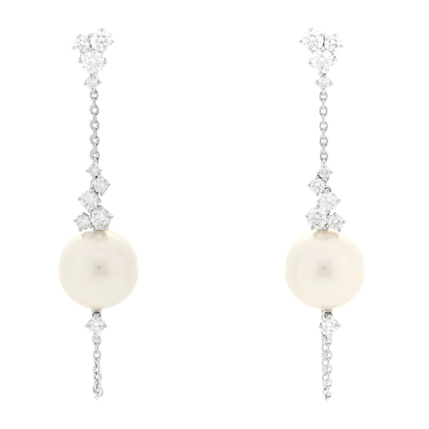 18K White Gold Diamond Akoya Cultured Pearl 13.5-14mm Drop Earrings