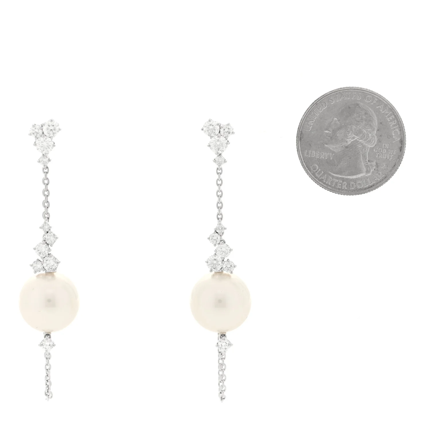 18K White Gold Diamond Akoya Cultured Pearl 13.5-14mm Drop Earrings - Image 2