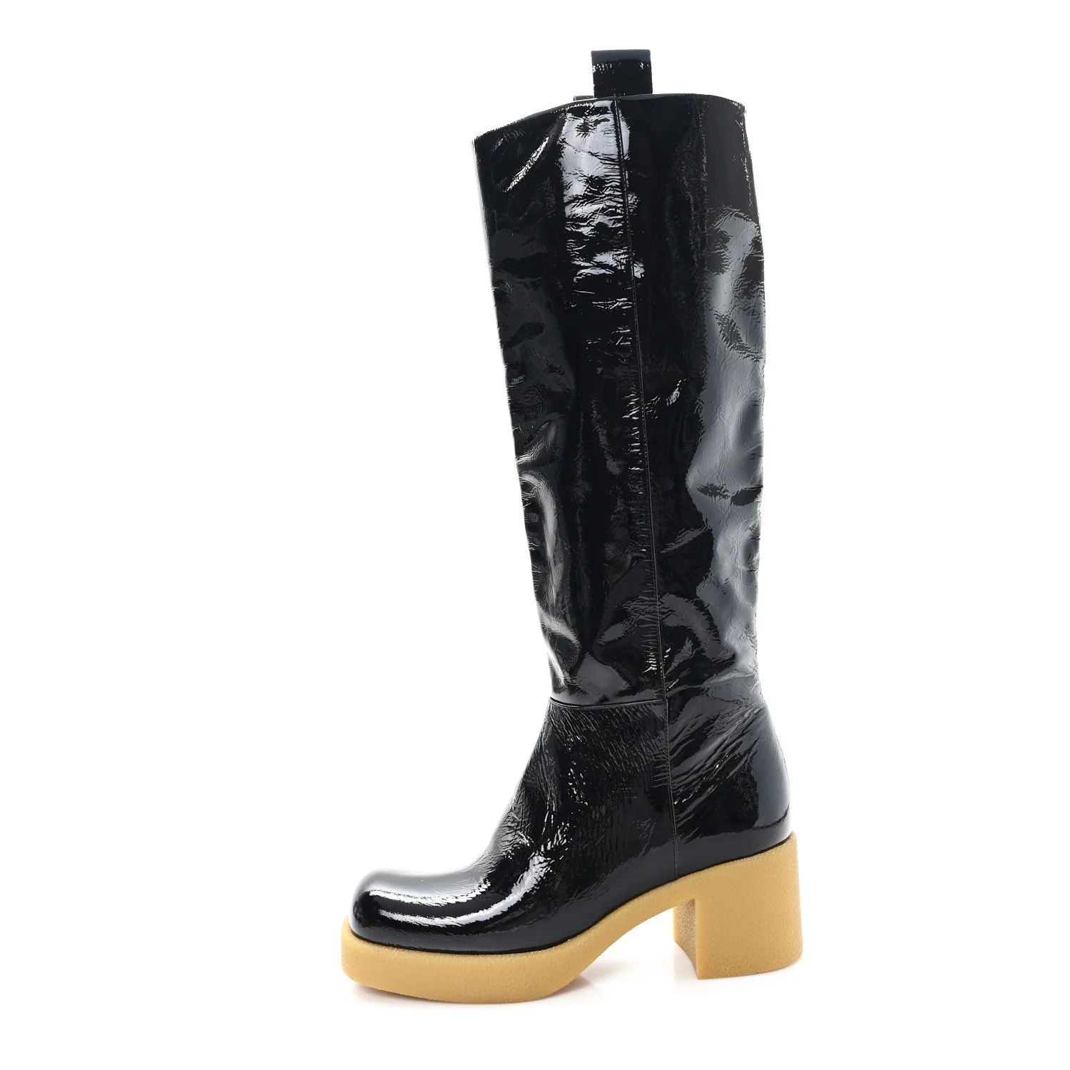 Crinkled Patent Calfskin Knee High Boots 37.5 Black