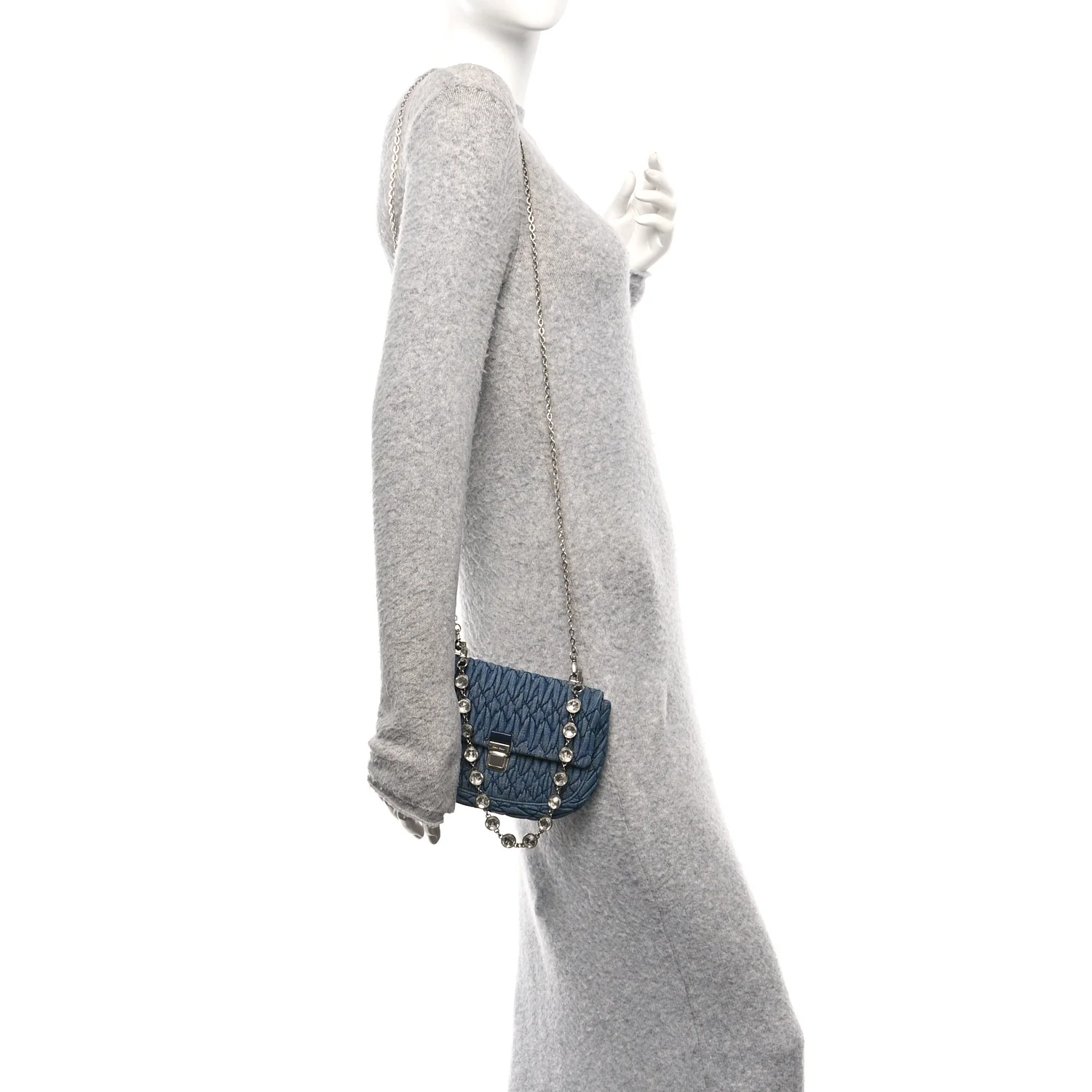 Denim Matelasse Crystal Chain Crossbody Bag Blue - Image 2