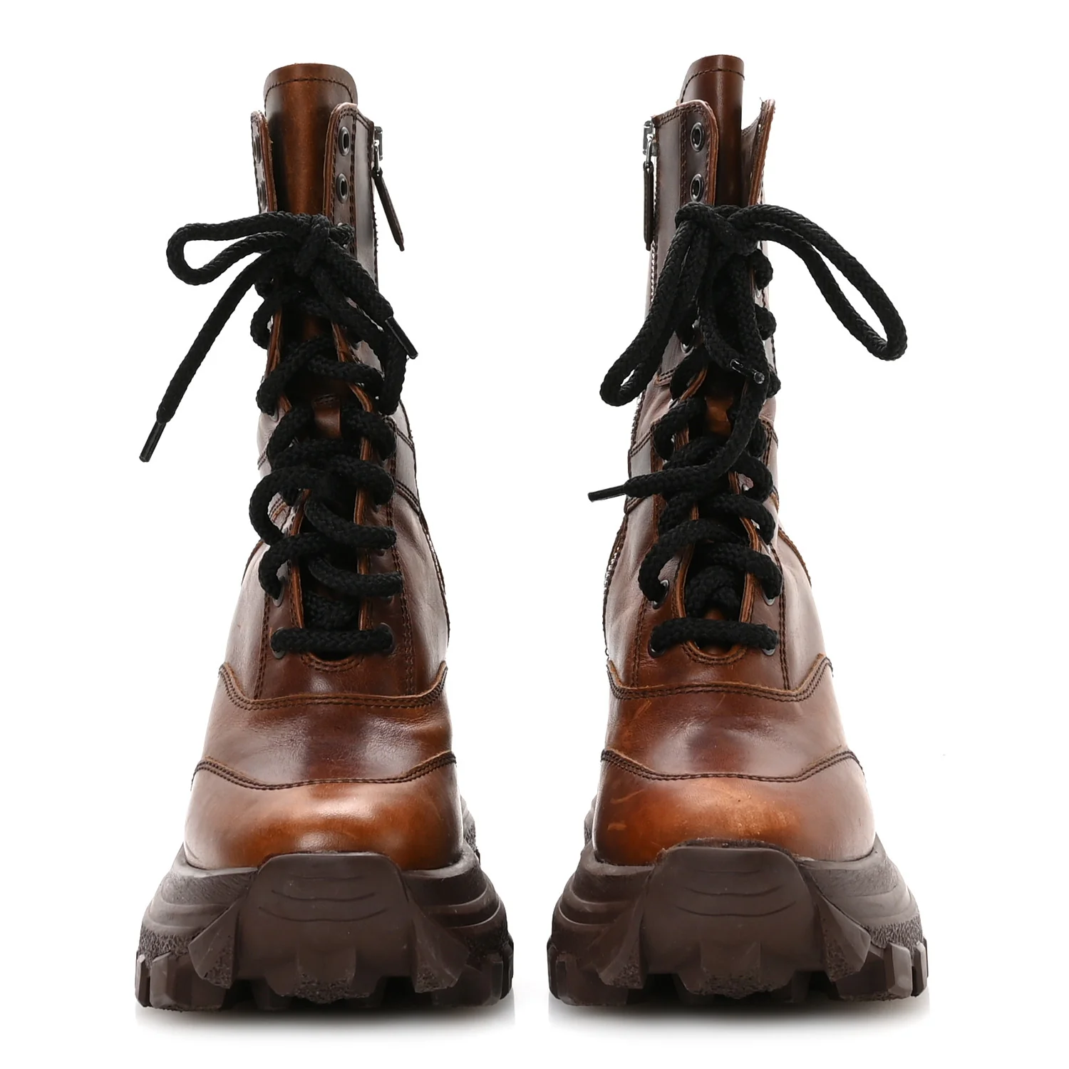 Distressed Calfskin Platform Wedge Lace Up Combat Boots 38 Brown - Image 3