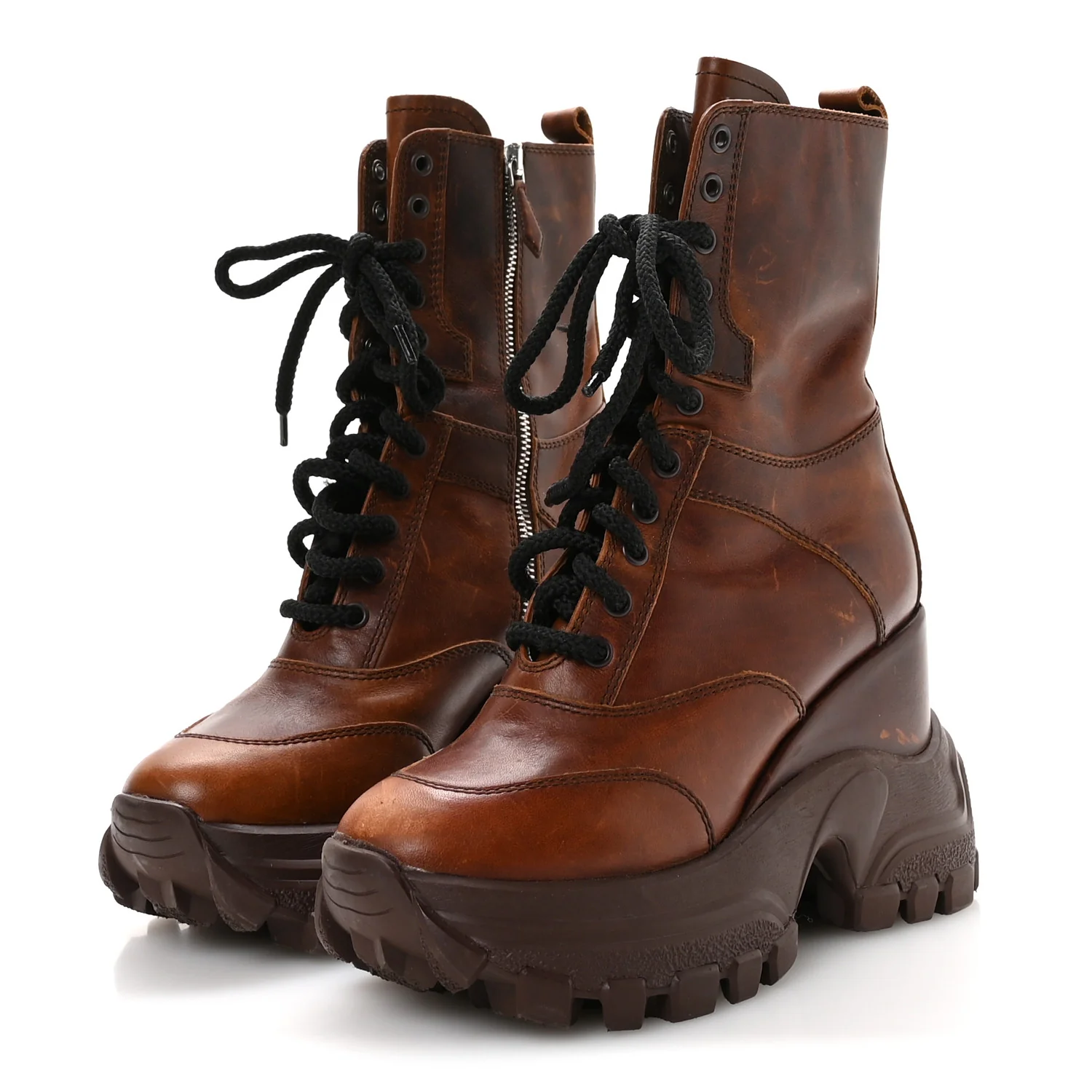 Distressed Calfskin Platform Wedge Lace Up Combat Boots 38 Brown - Image 4