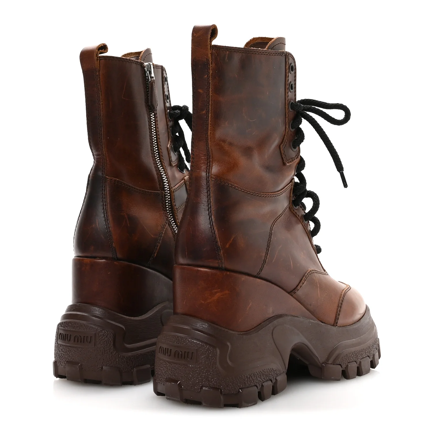 Distressed Calfskin Platform Wedge Lace Up Combat Boots 38 Brown - Image 5