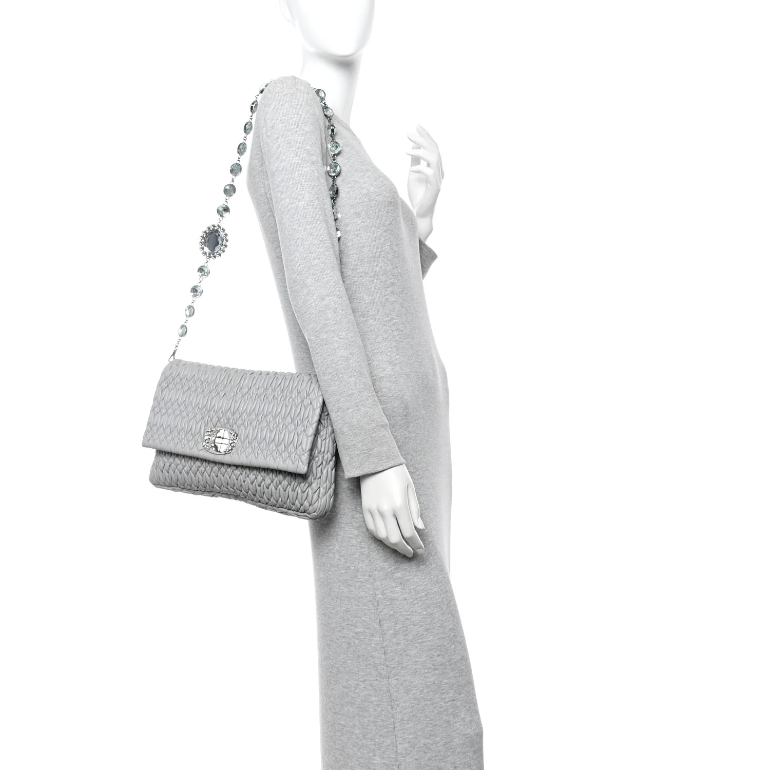 Nappa Matelasse Crystal Flap Clutch Grey - Image 2
