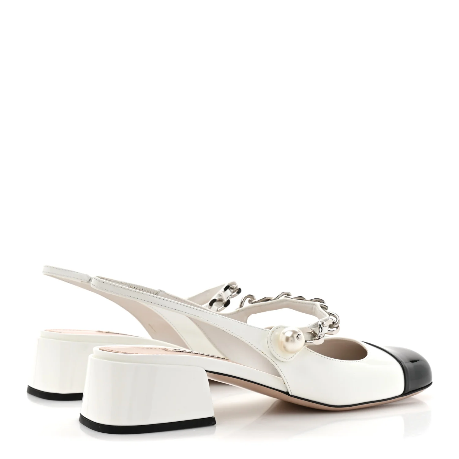 Patent Calfskin Chain Pearl Slingback Pumps 37.5 Ivory Black - Image 5