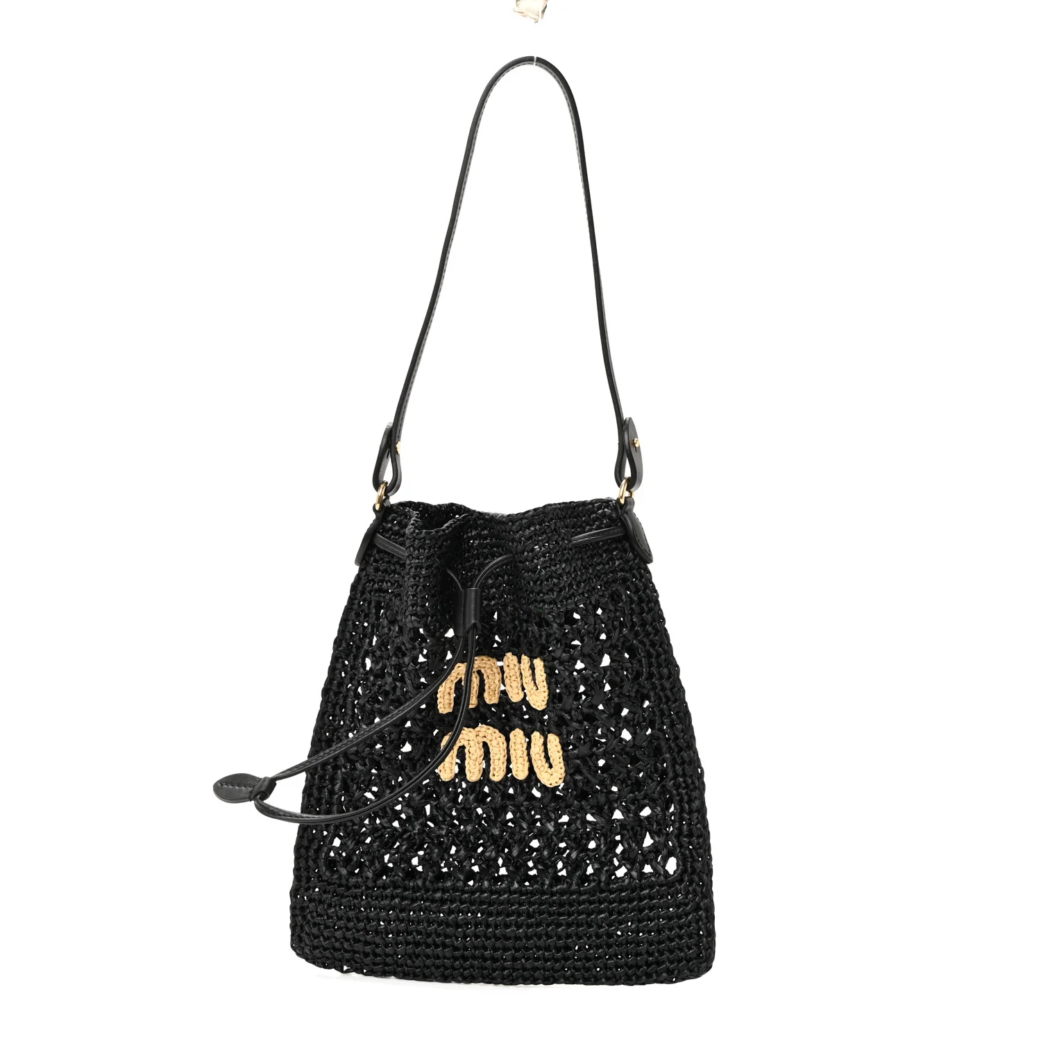 Raffia Crochet Drawstring Pouch Black Naturale