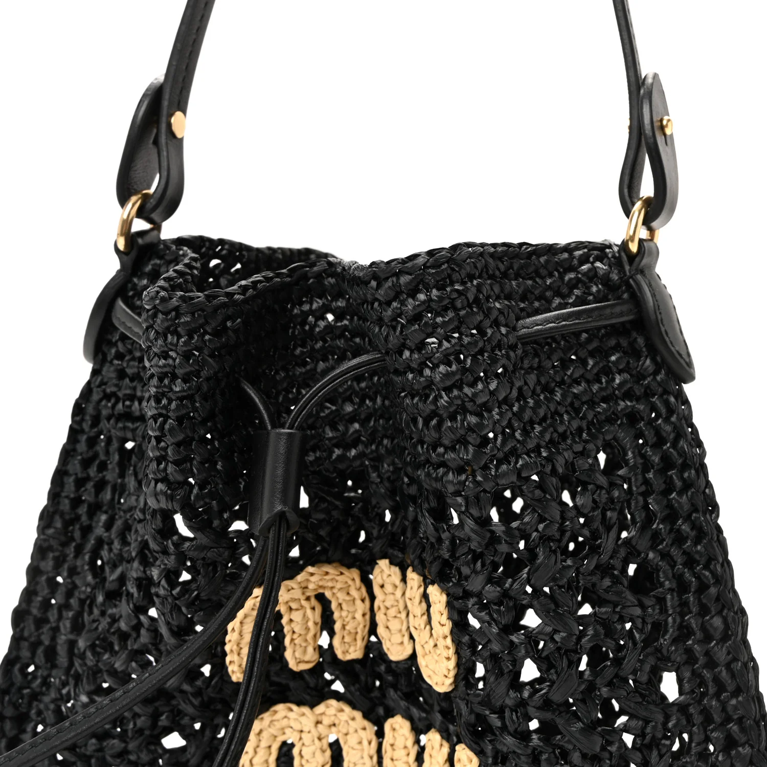 Raffia Crochet Drawstring Pouch Black Naturale - Image 13
