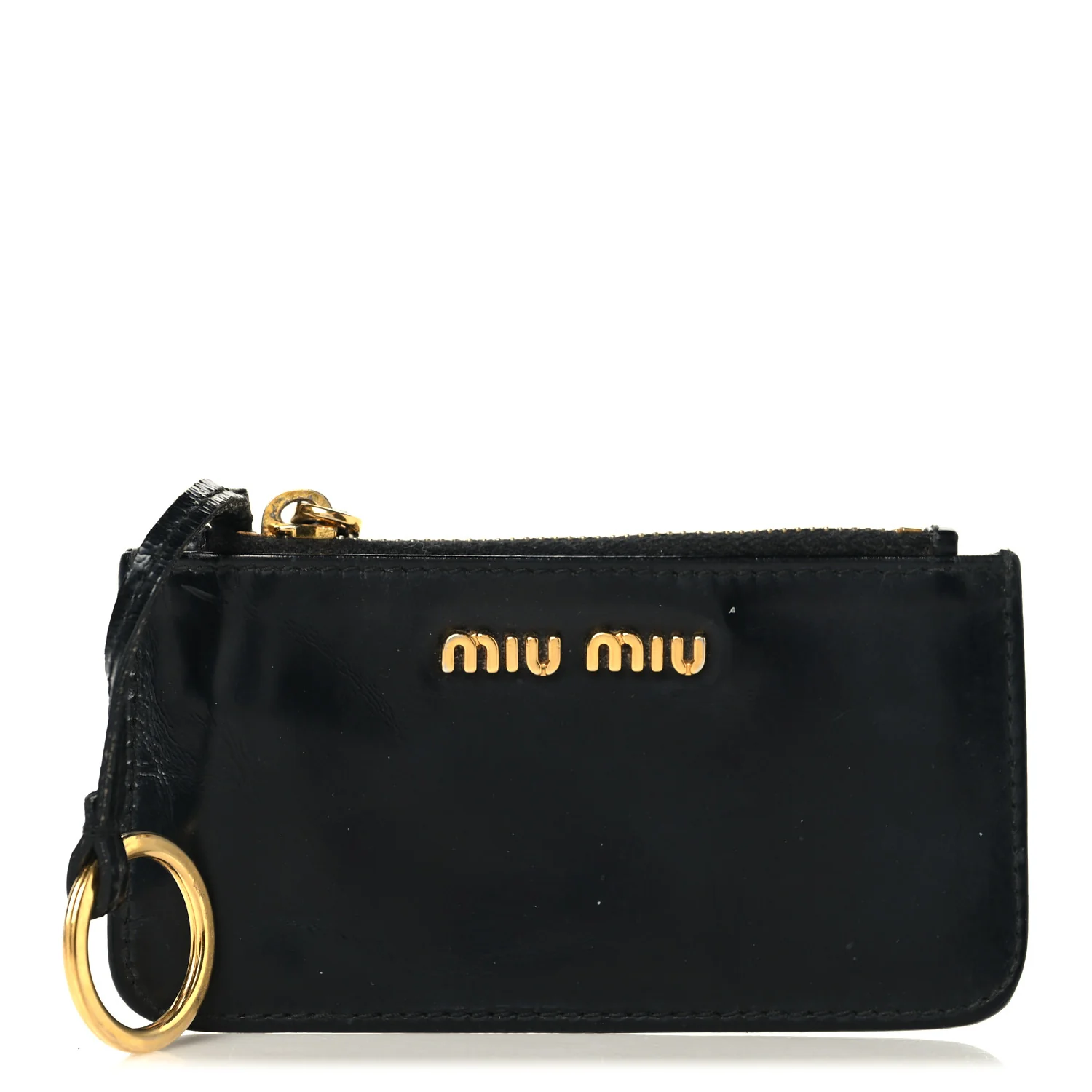 Shiny Calfskin Pouch Key Ring Black