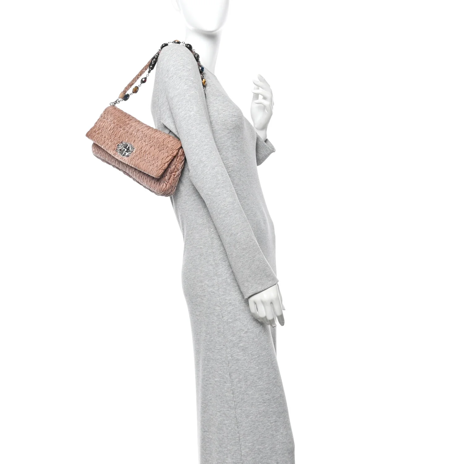 Velvet Matelasse Crystal Chain Shoulder Bag Cammeo - Image 2