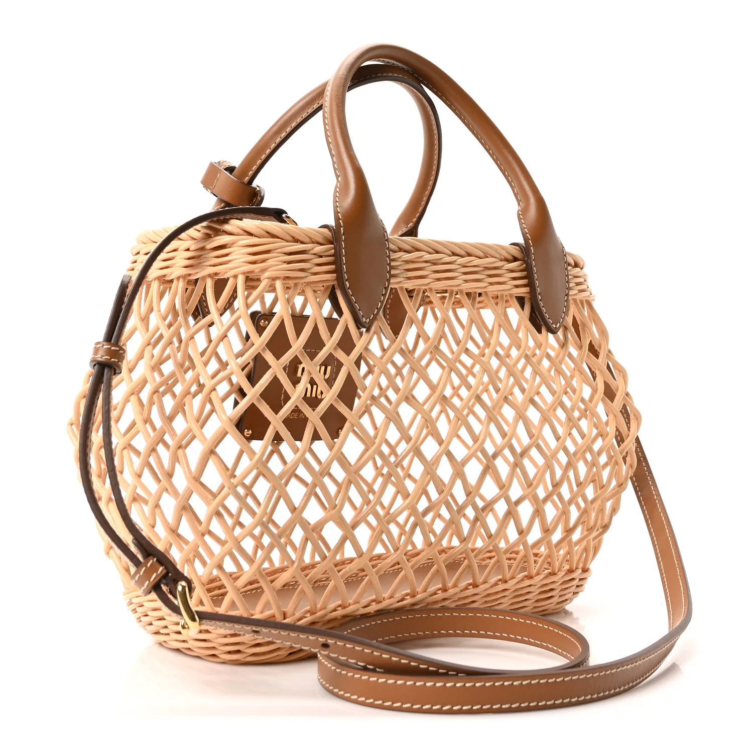 Woven Fabric Calfskin Logo Basket Bag Naturale Caramel - Image 4