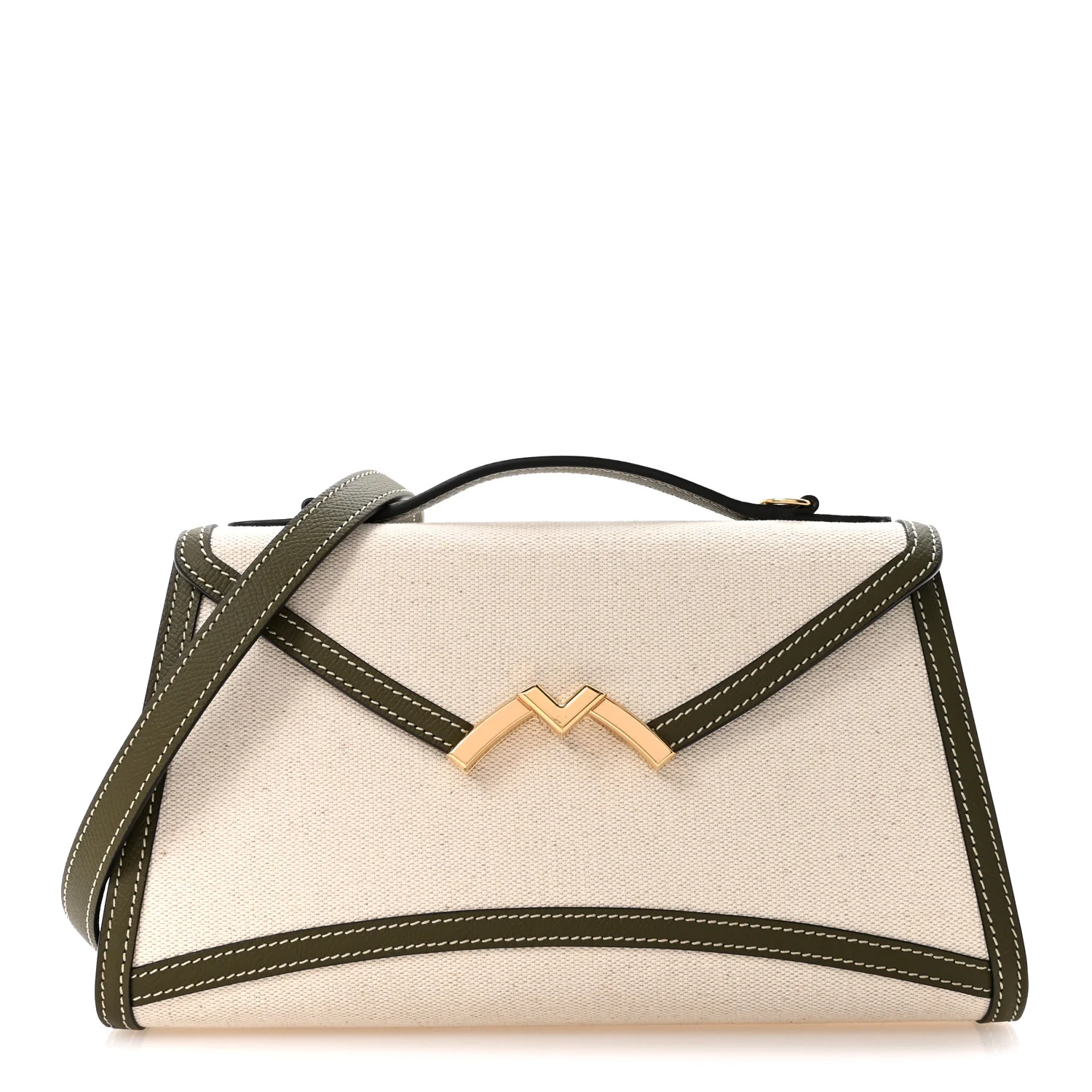 Cotton Canvas Linen Calfskin Gabrielle Clutch Olive Green
