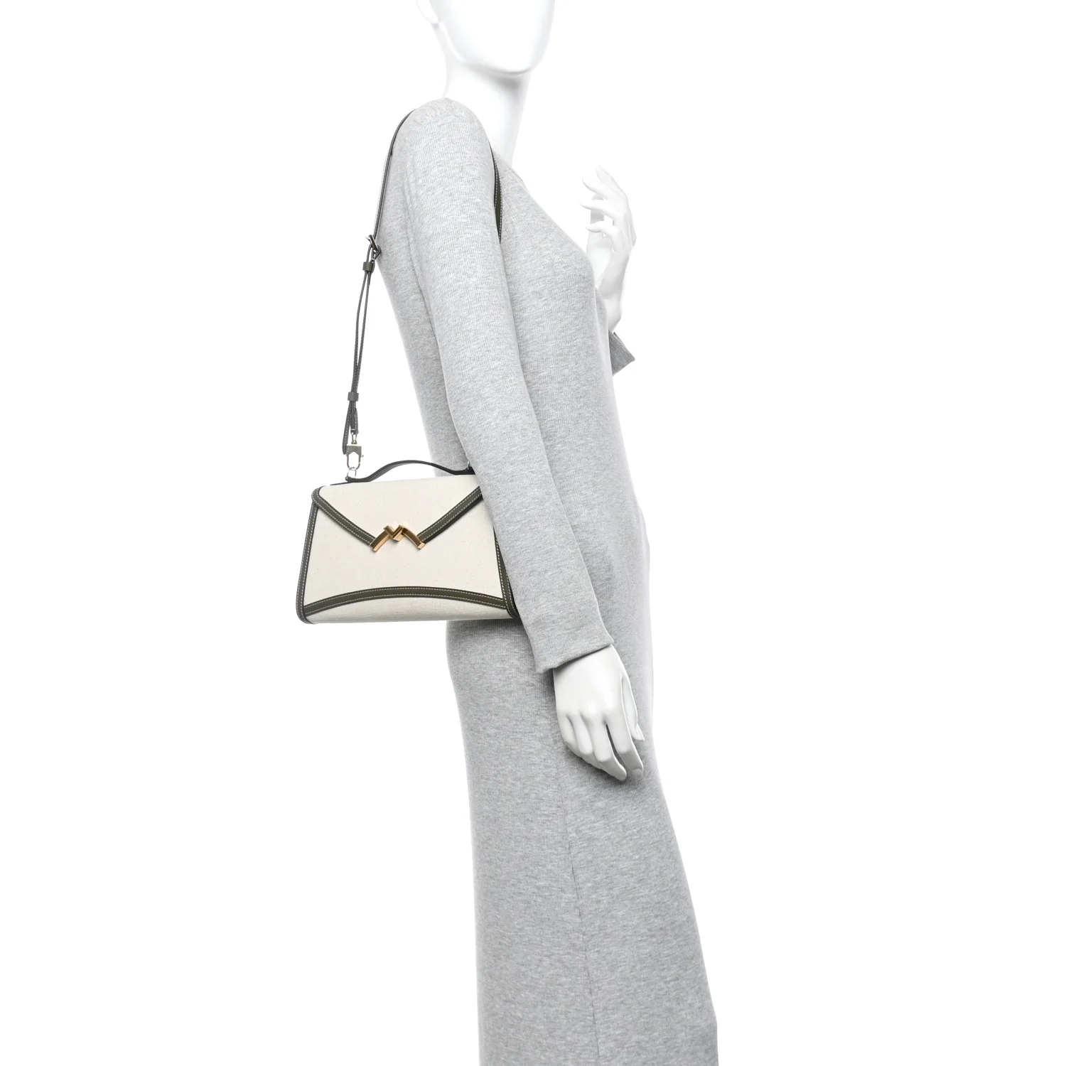 Cotton Canvas Linen Calfskin Gabrielle Clutch Olive Green - Image 2
