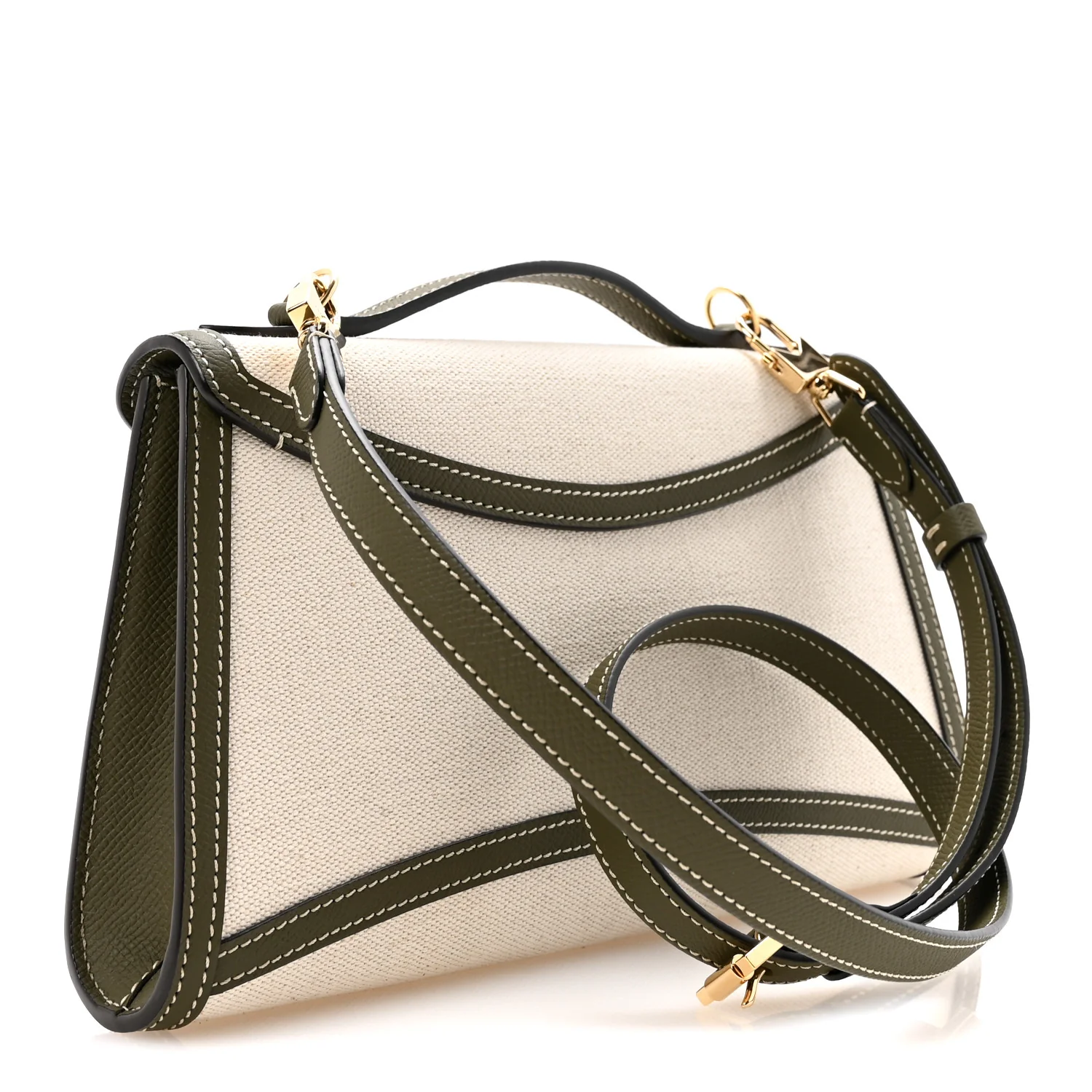 Cotton Canvas Linen Calfskin Gabrielle Clutch Olive Green - Image 3